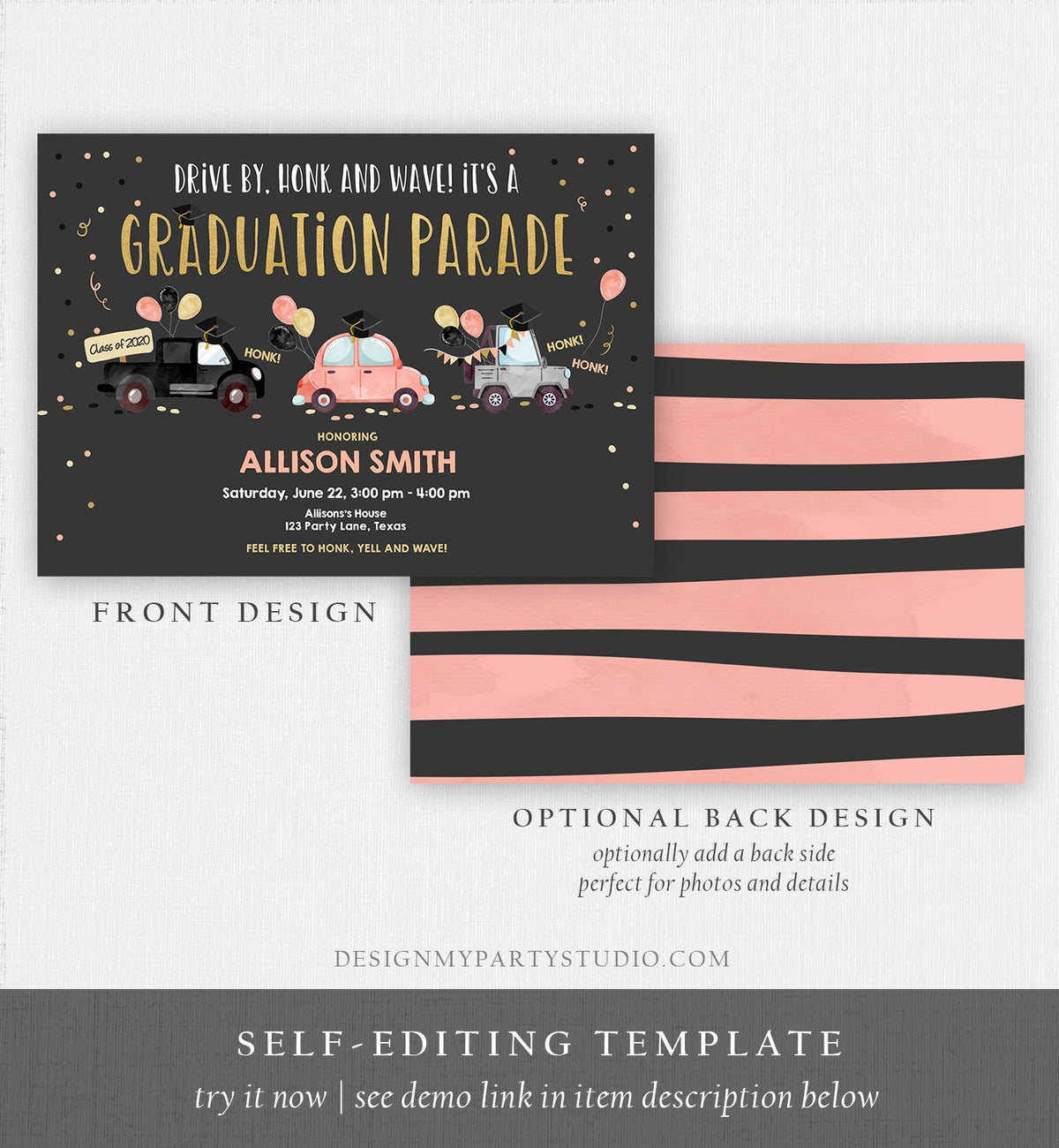 Editable Drive By Graduation Parade Invitation Virtual Party Coral Girl Graduate High School Grad Class 2021 Quarantine Digital Corjl 0337
