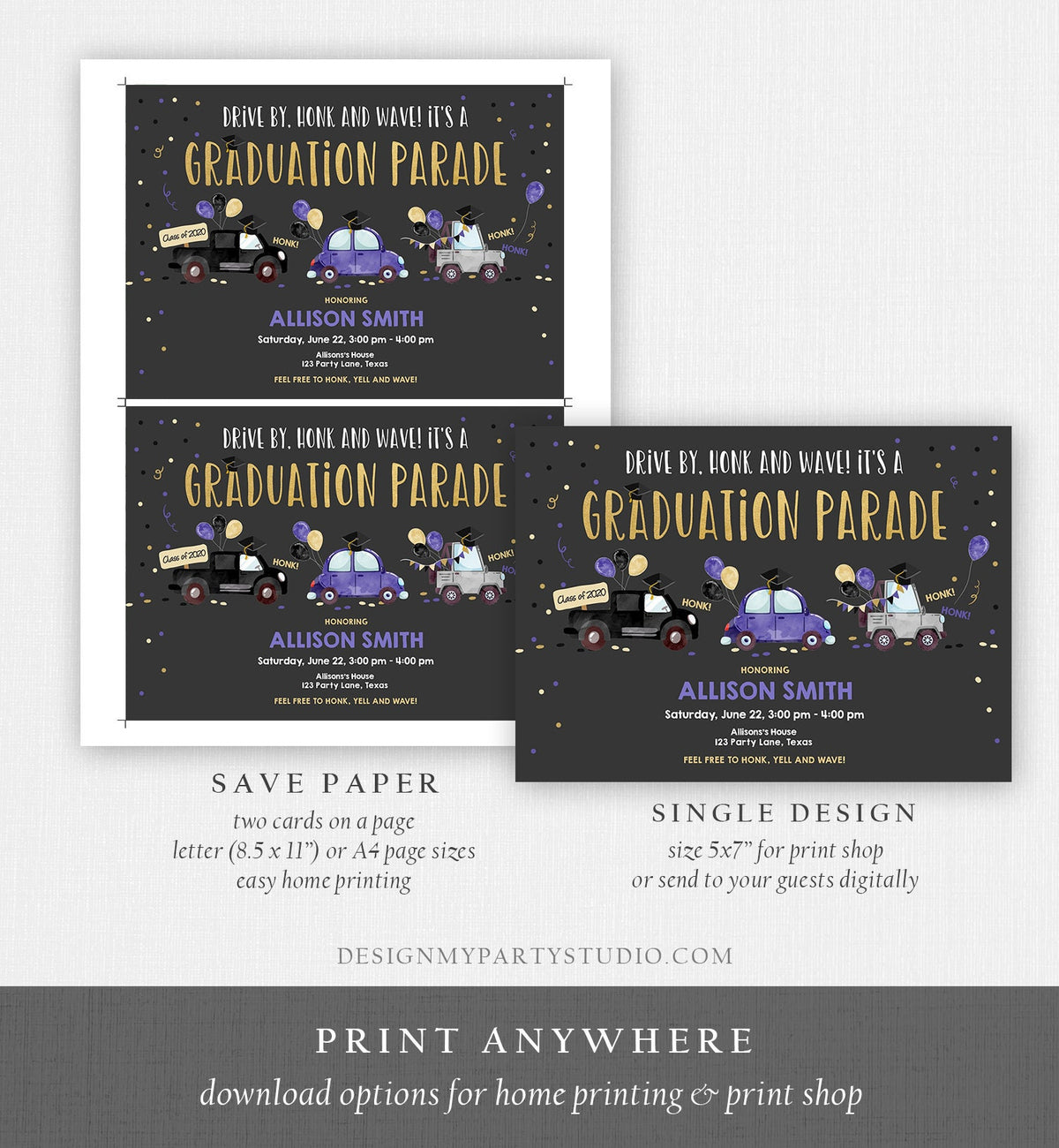 Editable Drive By Graduation Parade Invitation Virtual Party Blue Girl Graduate High School Grad Class 2021 Quarantine Digital Corjl 0337