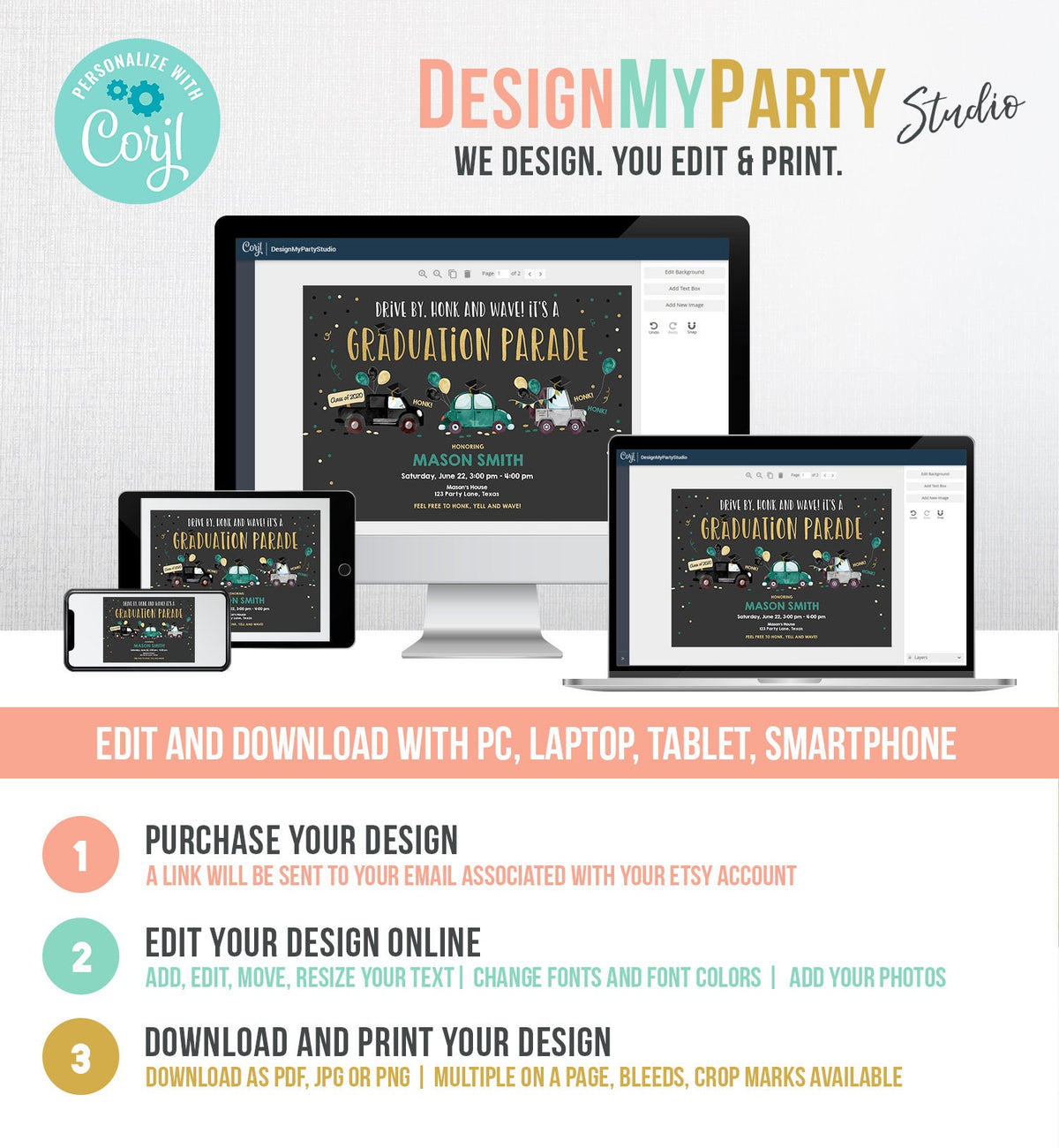 Editable Drive By Graduation Parade Invitation Virtual Party Green Girl Boy Graduate High School Grad Class 2021 Quarantine Corjl 0337