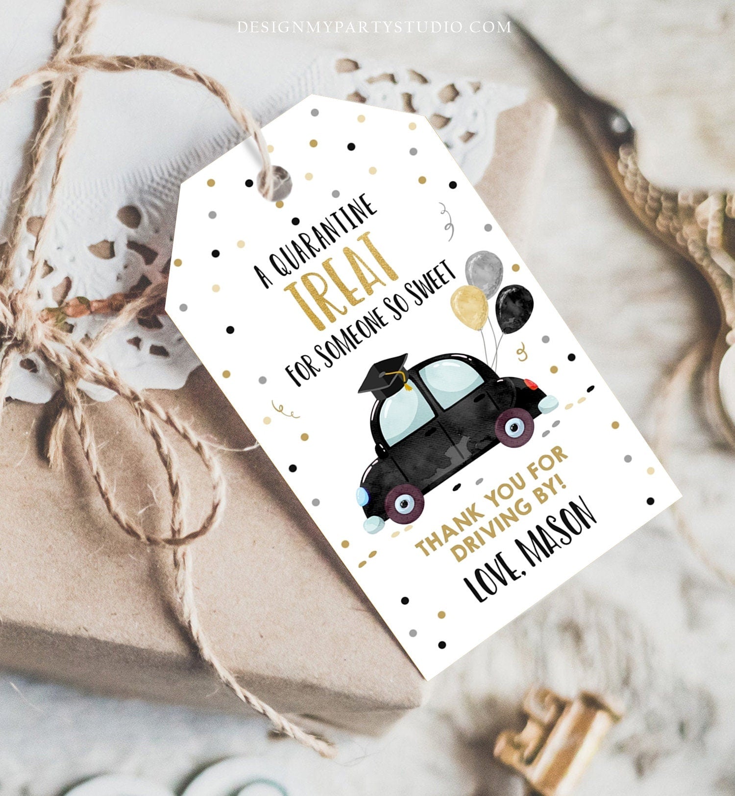 Editable Drive By Favor Tag Drive Through Graduation Parade Thank You Gift Tags Quarantine Black Car High School Grad Graduate Corjl 0337