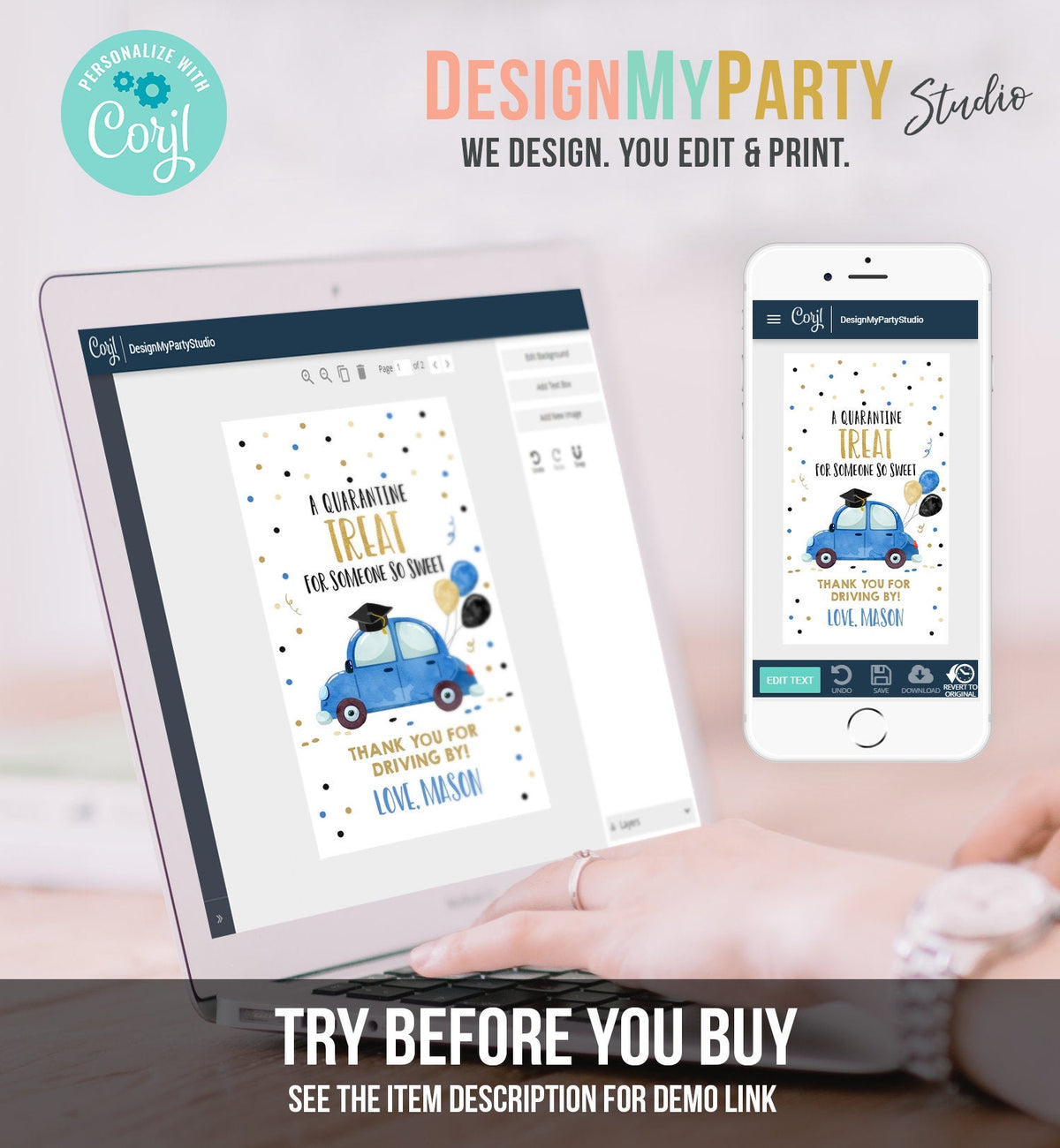 Editable Drive By Favor Tag Drive Through Graduation Parade Thank You Gift Tags Quarantine Blue Car High School Grad Graduate Corjl 0337