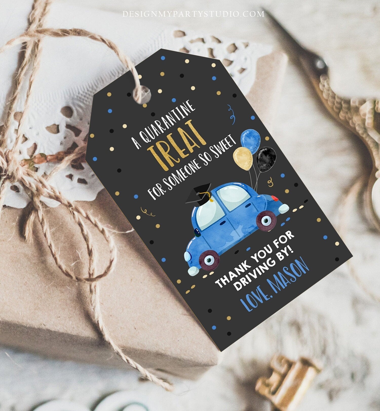 Editable Drive By Favor Tag Drive Through Graduation Parade Thank You Gift Tags Quarantine Blue Car High School Grad Graduate Corjl 0337