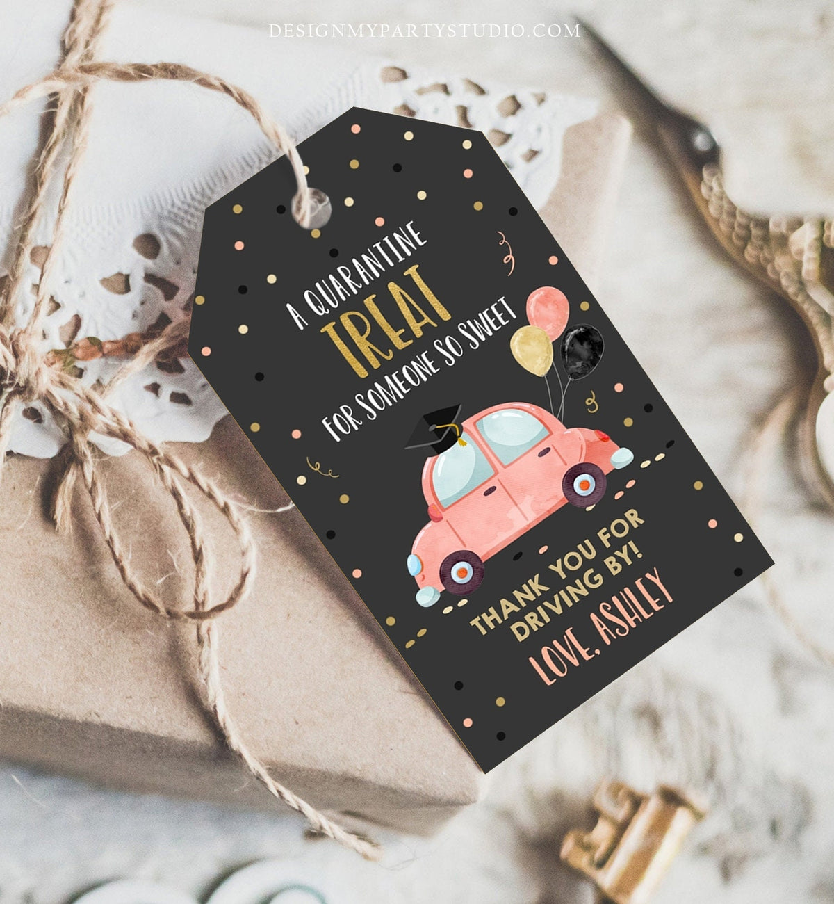 Editable Drive By Favor Tag Drive Through Graduation Parade Thank You Gift Tags Quarantine Coral Car High School Grad Graduate Corjl 0337