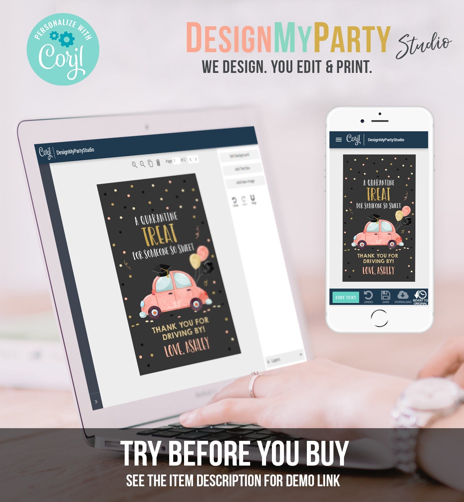 Editable Drive By Favor Tag Drive Through Graduation Parade Thank You Gift Tags Quarantine Coral Car High School Grad Graduate Corjl 0337