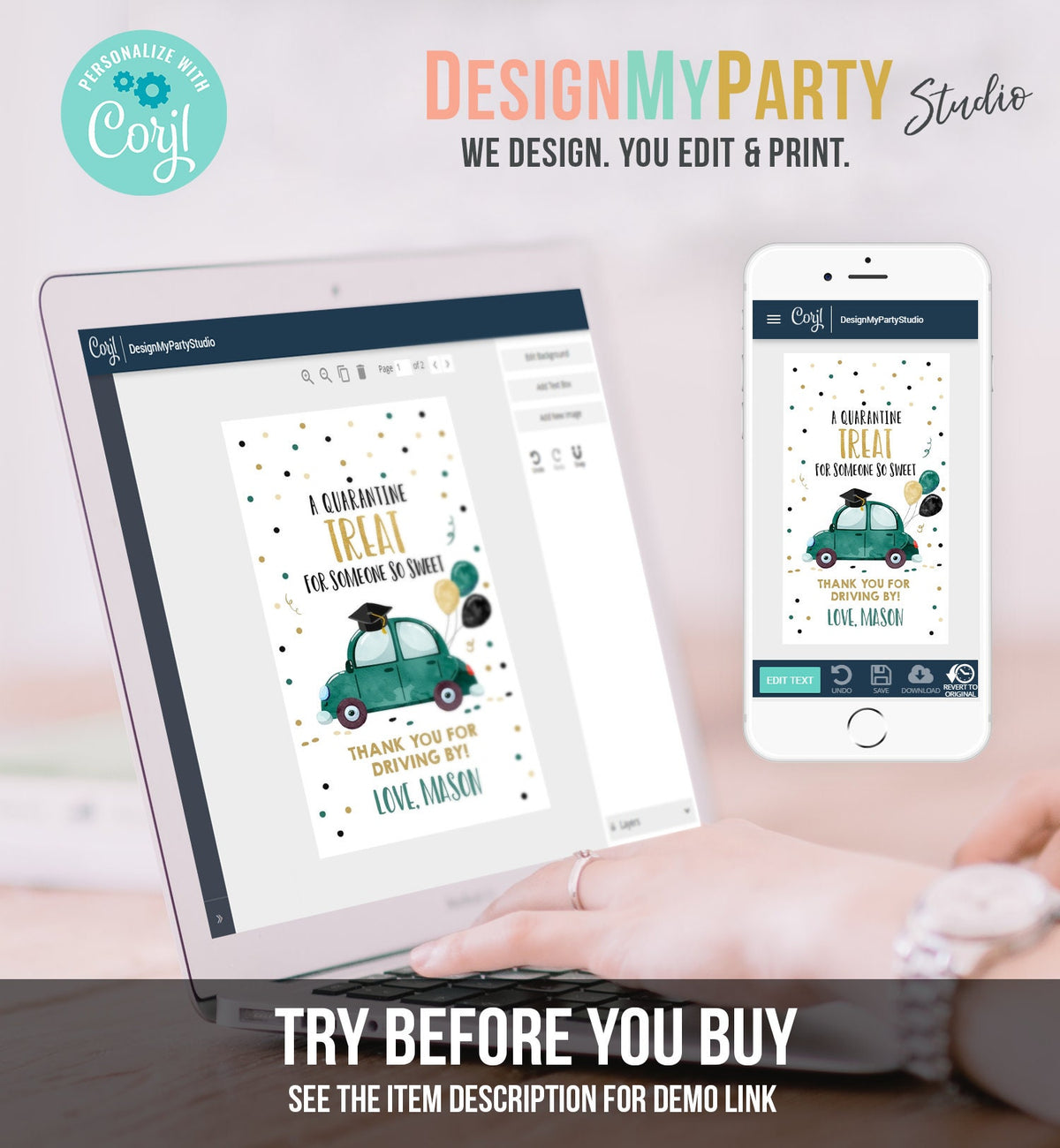 Editable Drive By Favor Tag Drive Through Graduation Parade Thank You Gift Tags Quarantine Green Car High School Grad Graduate Corjl 0337