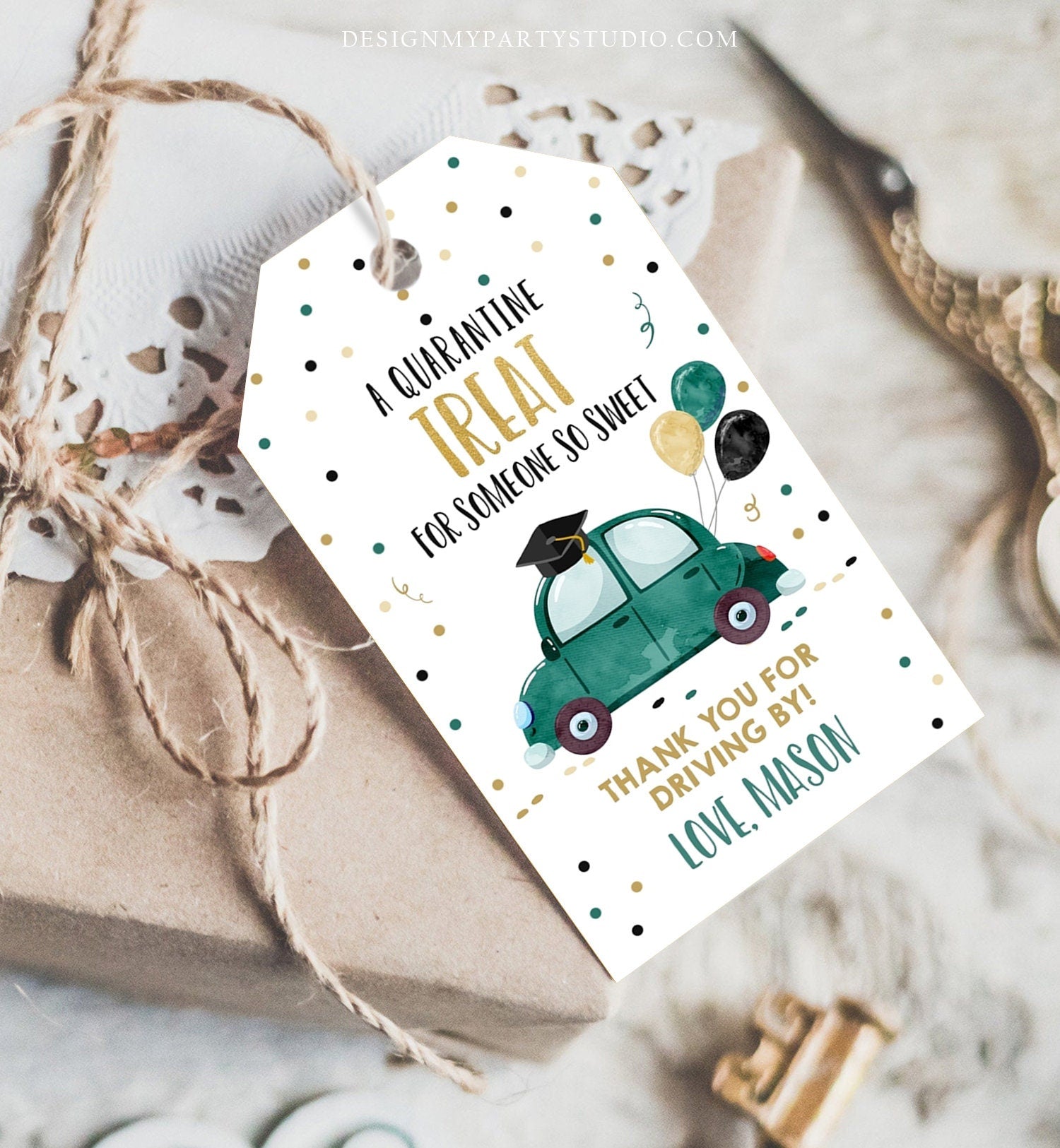 Editable Drive By Favor Tag Drive Through Graduation Parade Thank You Gift Tags Quarantine Green Car High School Grad Graduate Corjl 0337