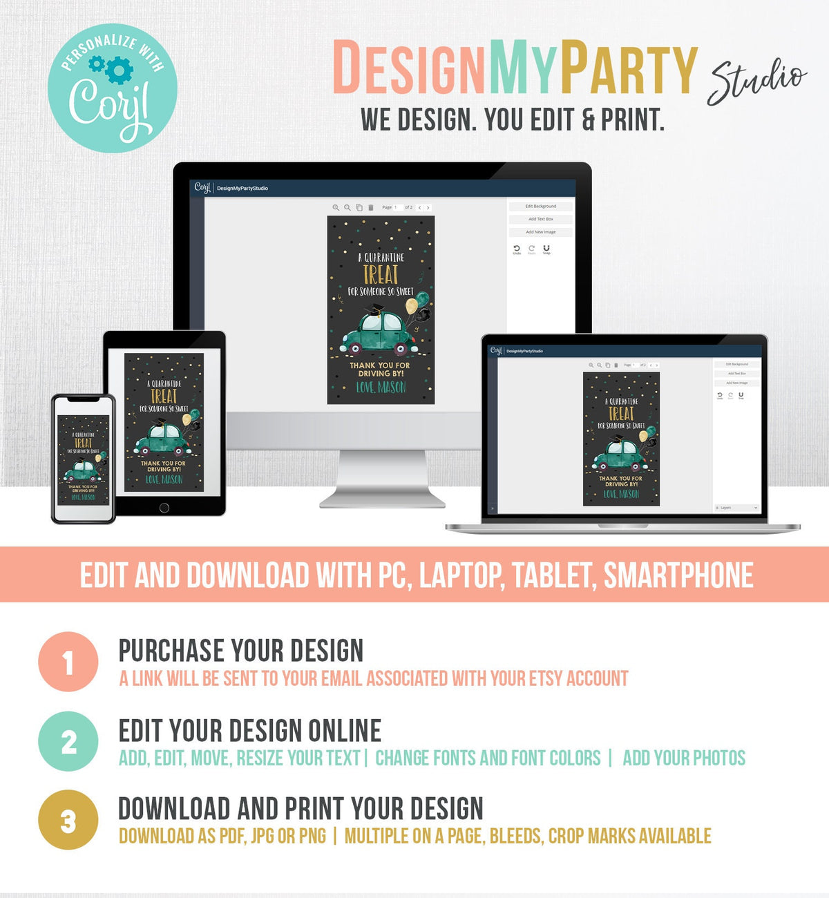 Editable Drive By Favor Tag Drive Through Graduation Parade Thank You Gift Tags Quarantine Green Car High School Grad Graduate Corjl 0337