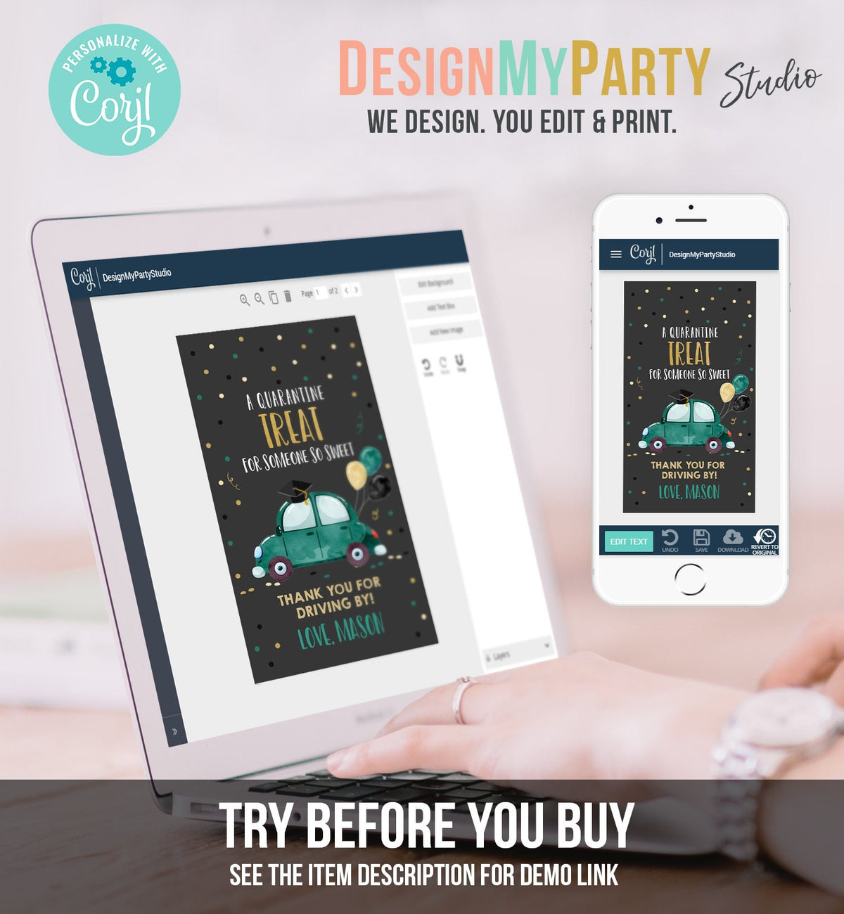 Editable Drive By Favor Tag Drive Through Graduation Parade Thank You Gift Tags Quarantine Green Car High School Grad Graduate Corjl 0337