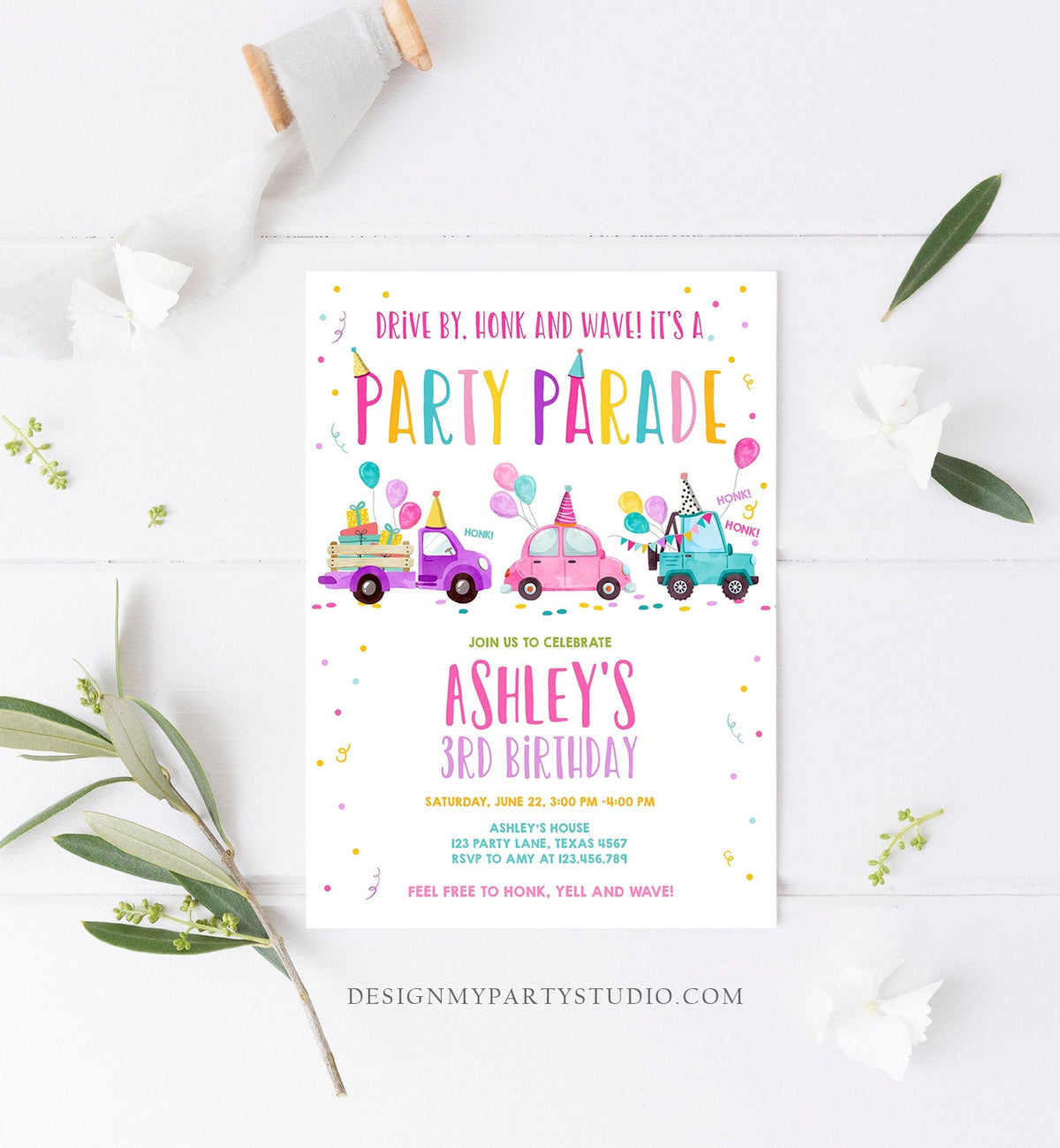 Editable Drive By Birthday Parade Invitation Virtual Party Invite Honk Wave Car Girl Pink Quarantine Instant Download Digital Corjl 0333