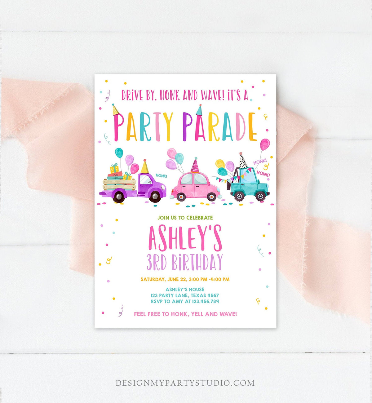 Editable Drive By Birthday Parade Invitation Virtual Party Invite Honk Wave Car Girl Pink Quarantine Instant Download Digital Corjl 0333
