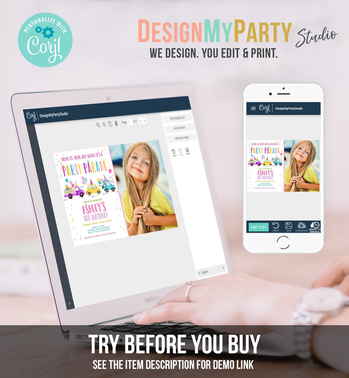 Editable Drive By Birthday Parade Invitation Virtual Party Invite Honk Wave Car Girl Pink Quarantine Instant Download Digital Corjl 0333