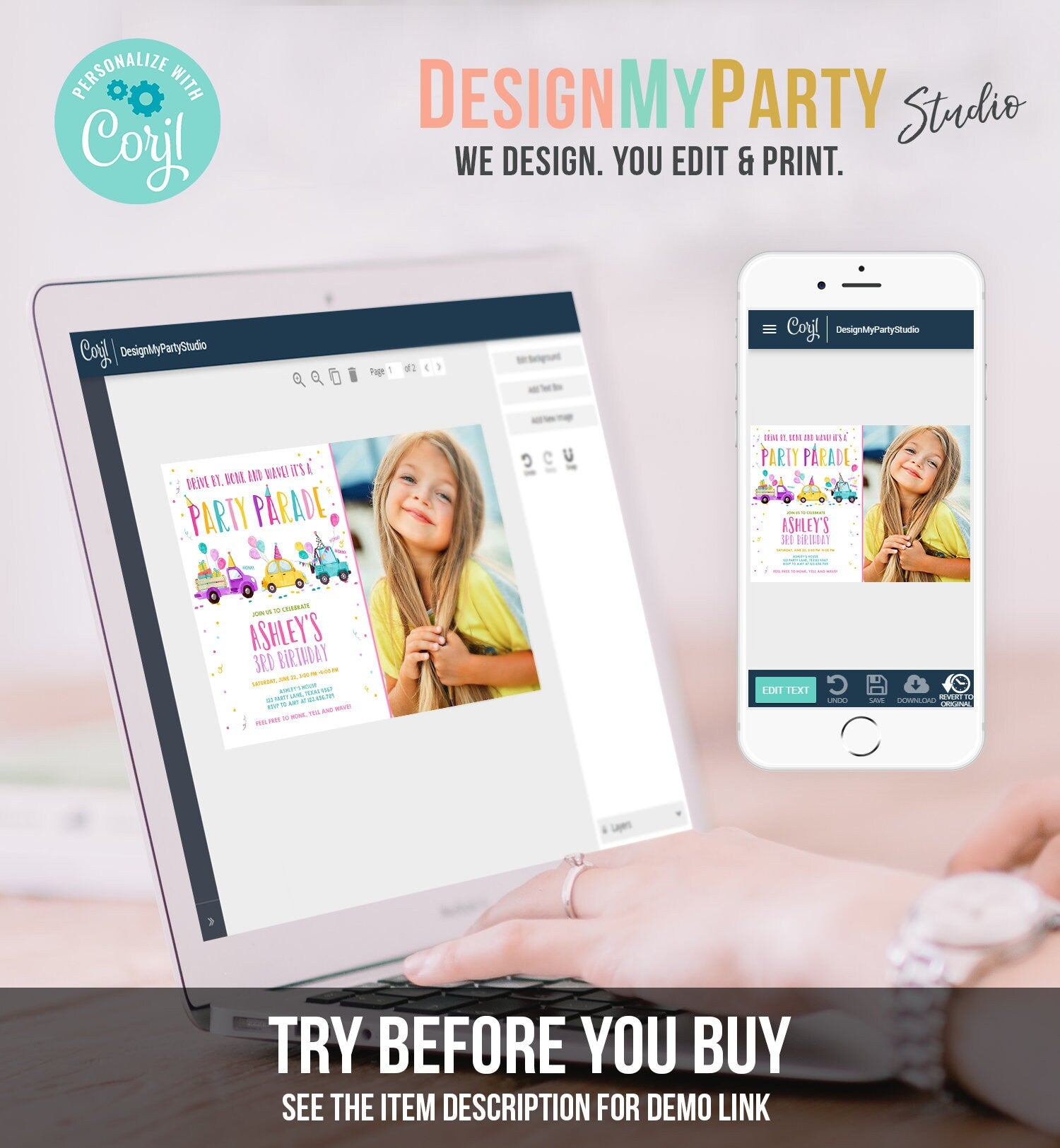 Editable Drive By Birthday Parade Invitation Virtual Party Invite Honk Wave Car Girl Pink Quarantine Instant Download Digital Corjl 0333