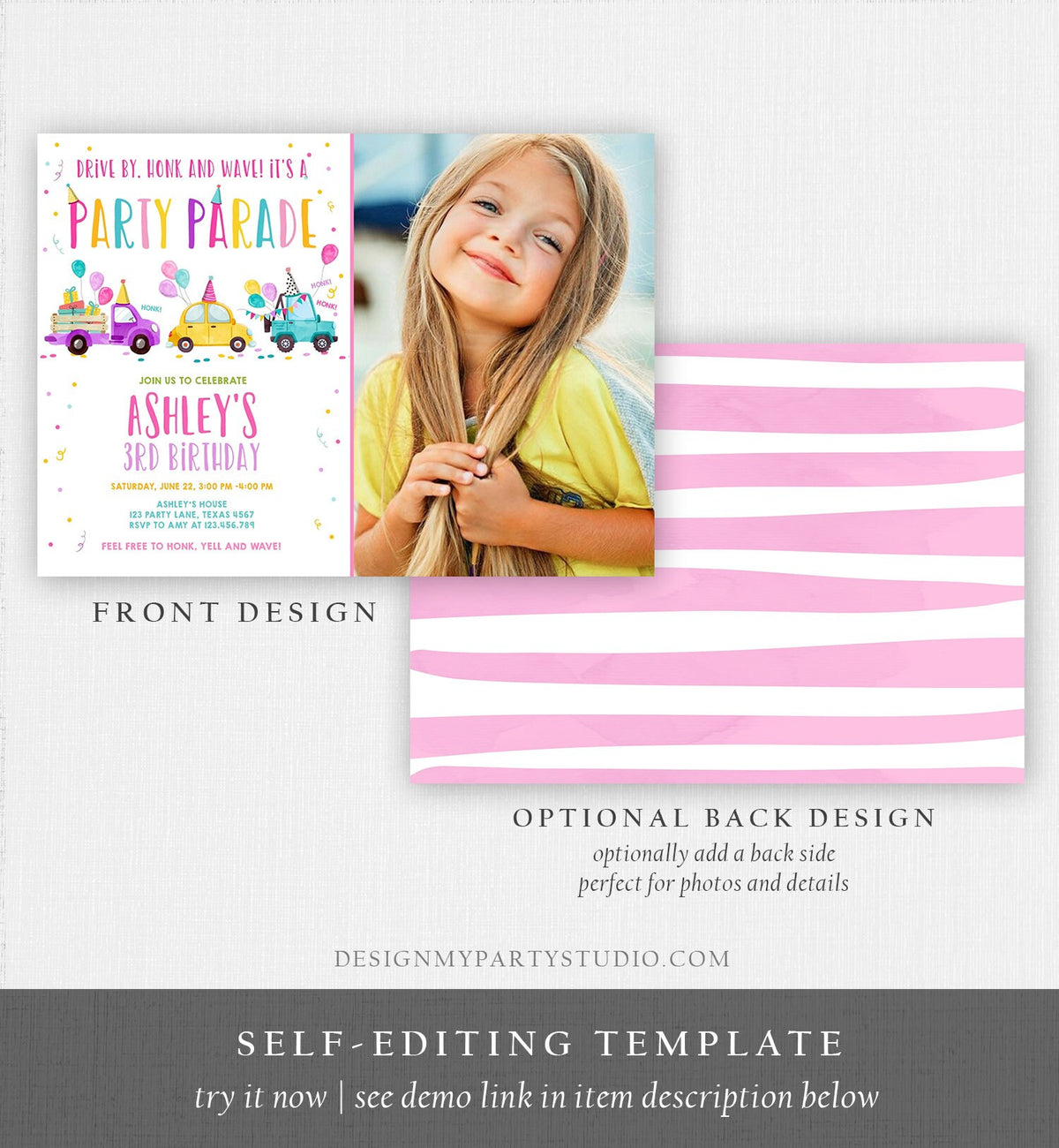 Editable Drive By Birthday Parade Invitation Virtual Party Invite Honk Wave Car Girl Pink Quarantine Instant Download Digital Corjl 0333