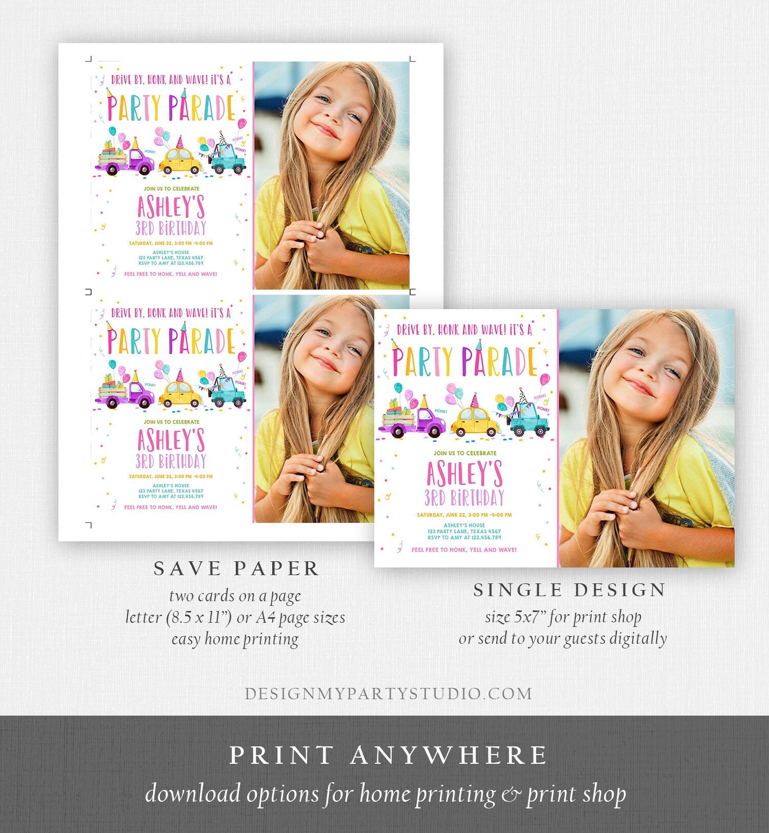 Editable Drive By Birthday Parade Invitation Virtual Party Invite Honk Wave Car Girl Pink Quarantine Instant Download Digital Corjl 0333