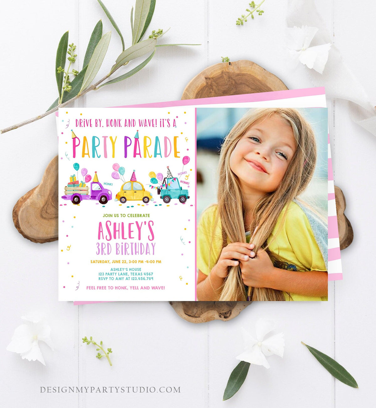 Editable Drive By Birthday Parade Invitation Virtual Party Invite Honk Wave Car Girl Pink Quarantine Instant Download Digital Corjl 0333