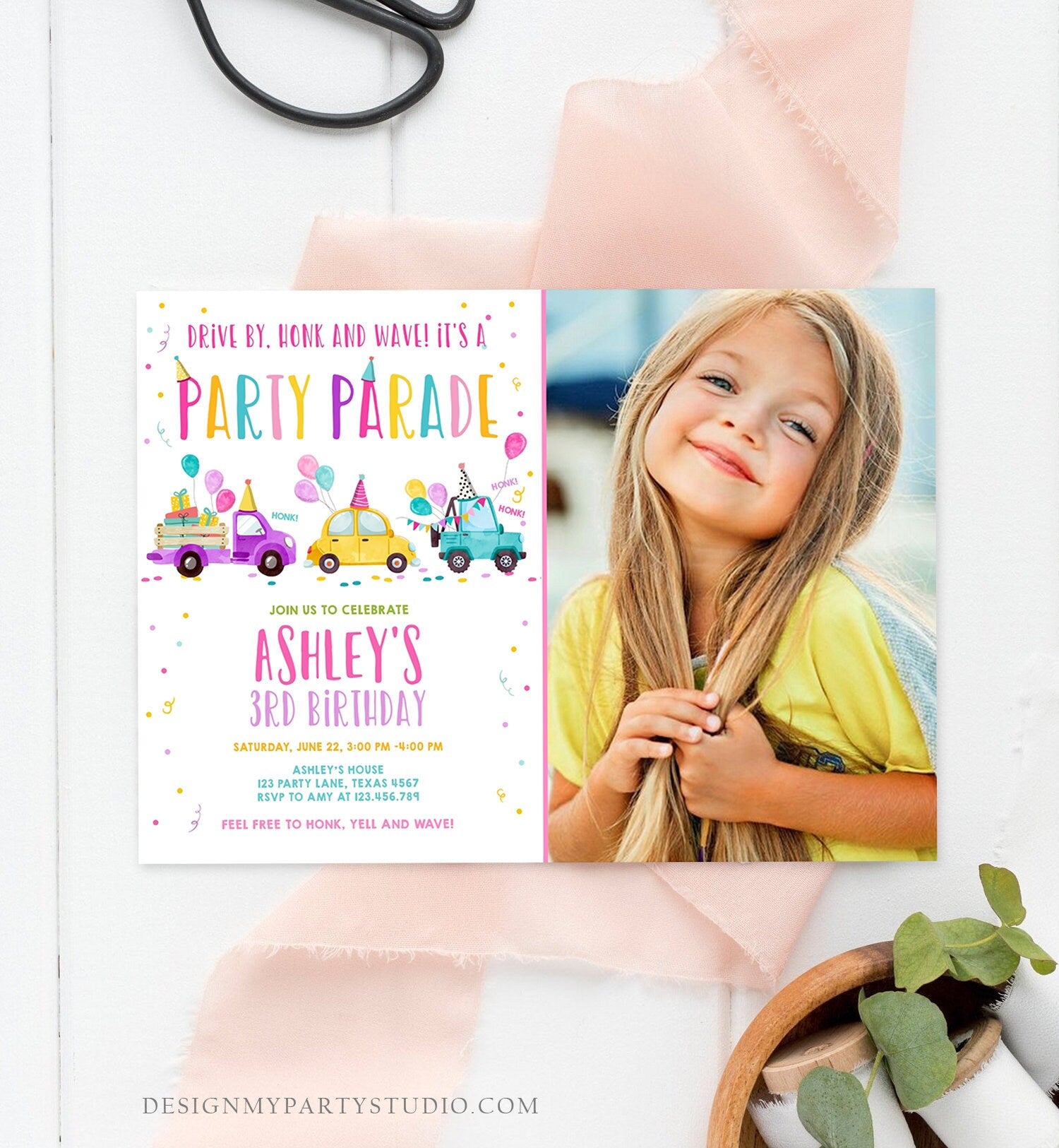 Editable Drive By Birthday Parade Invitation Virtual Party Invite Honk Wave Car Girl Pink Quarantine Instant Download Digital Corjl 0333