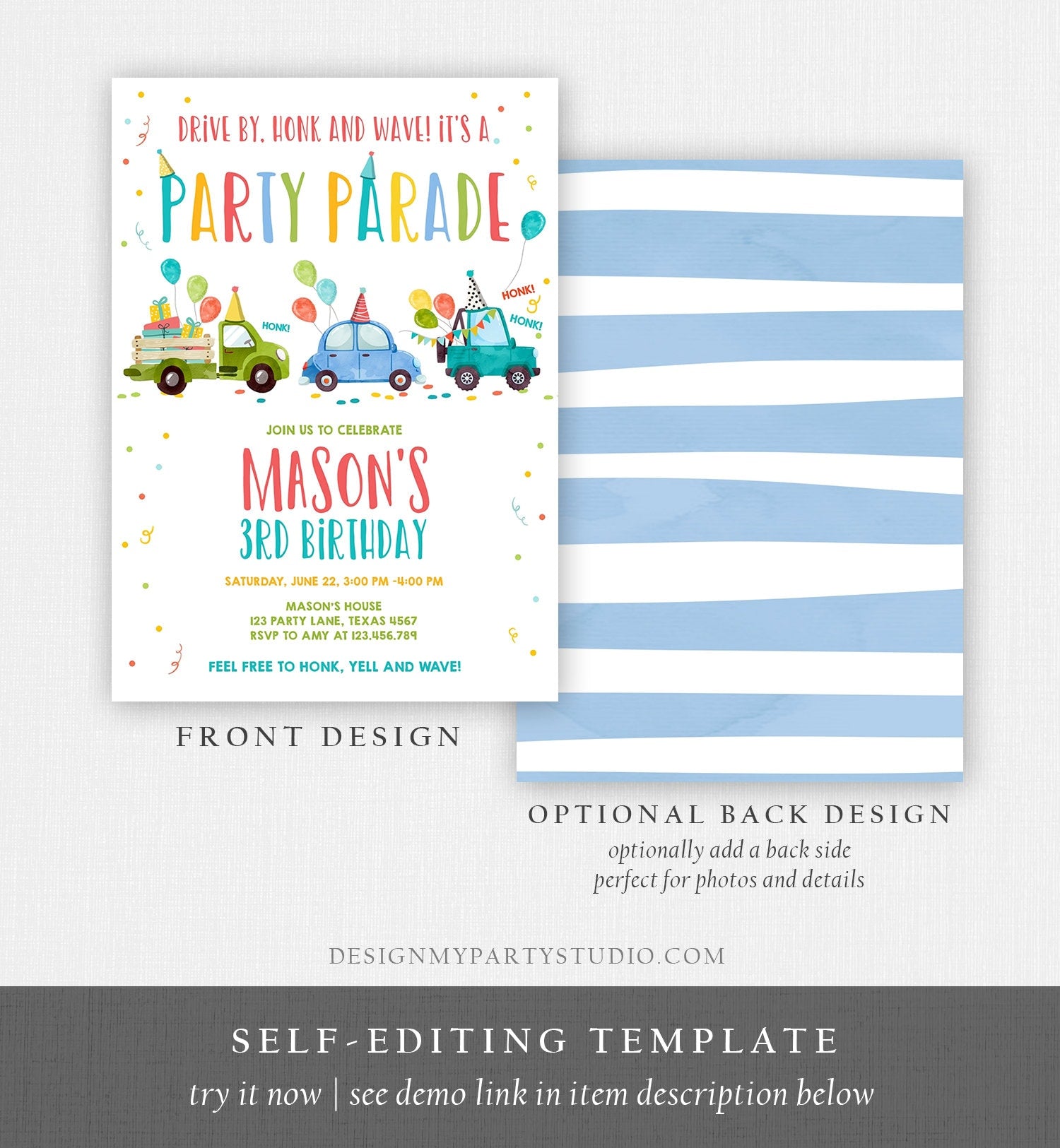 Editable Drive By Birthday Parade Invitation Virtual Party Invite Honk Wave Car Boy Blue Quarantine Instant Download Digital Corjl 0333