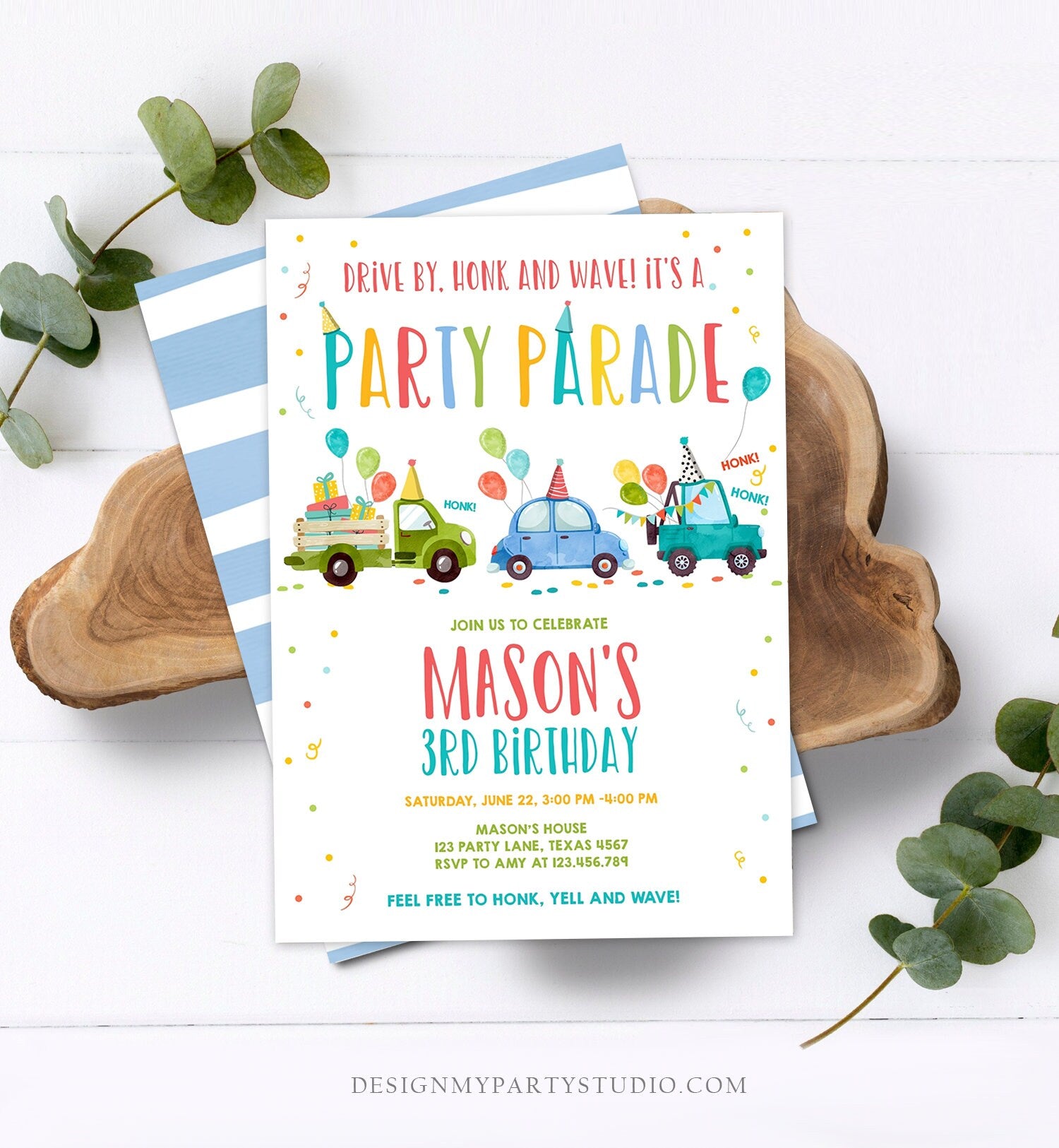 Editable Drive By Birthday Parade Invitation Virtual Party Invite Honk Wave Car Boy Blue Quarantine Instant Download Digital Corjl 0333