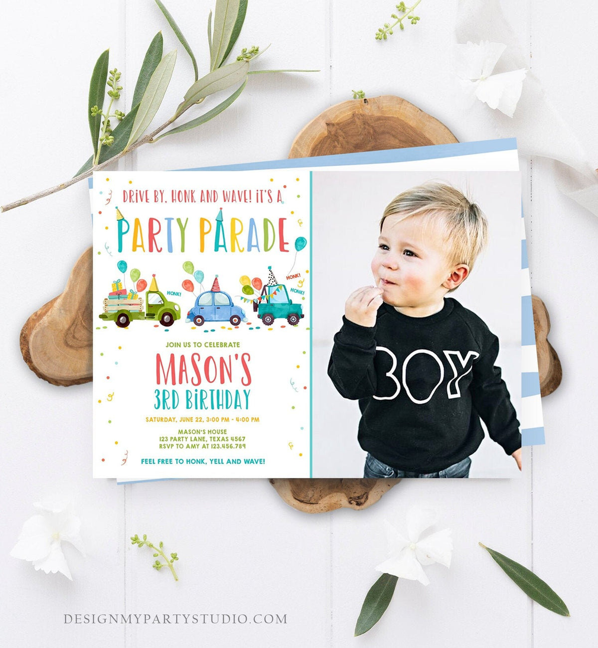Editable Drive By Birthday Parade Invitation Virtual Party Invite Honk Wave Car Boy Blue Quarantine Instant Download Digital Corjl 0333