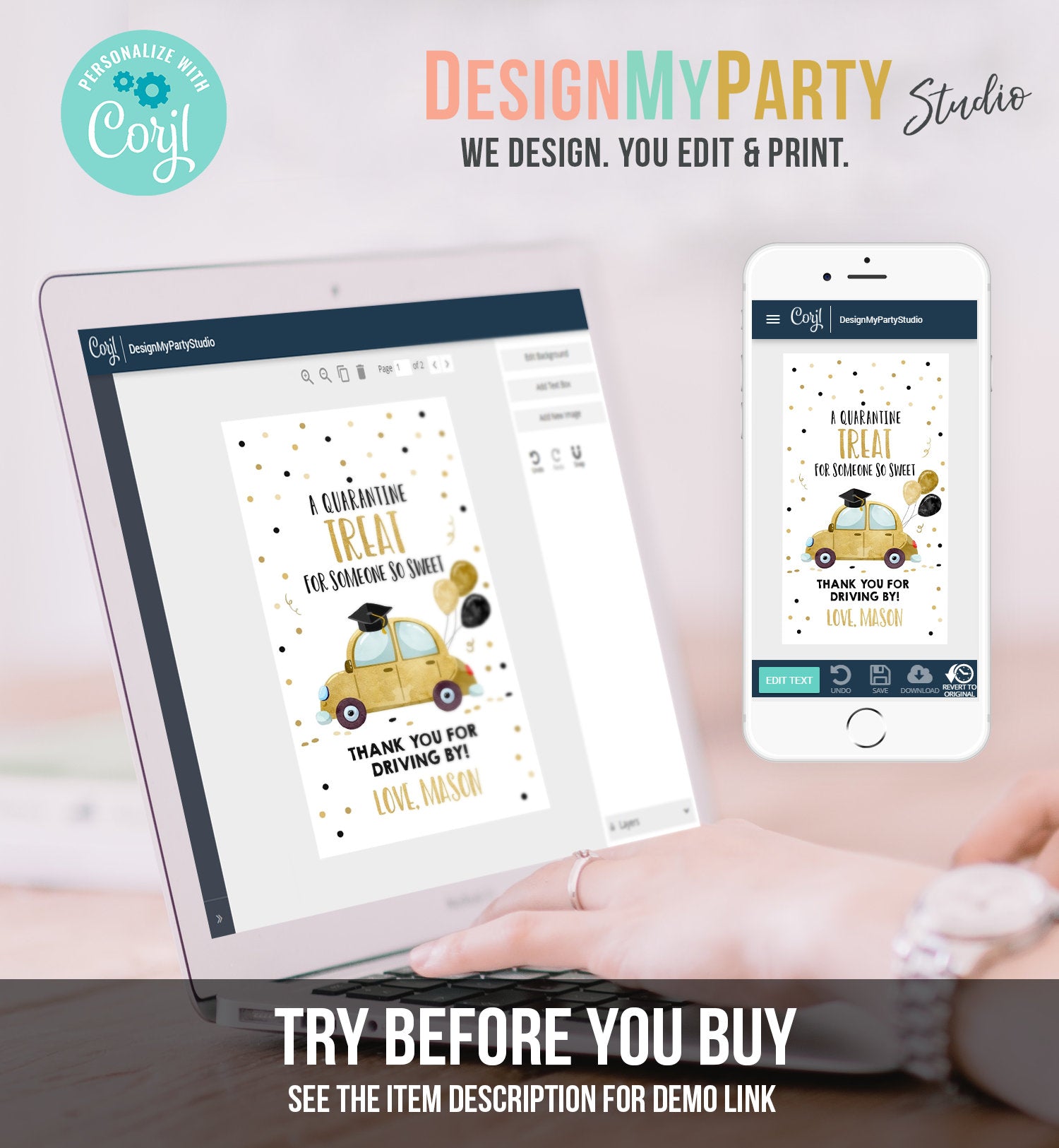 Editable Drive By Favor Tag Drive Through Graduation Parade Thank You Gift Tags Quarantine Gold Car High School Grad Graduate Corjl 0337