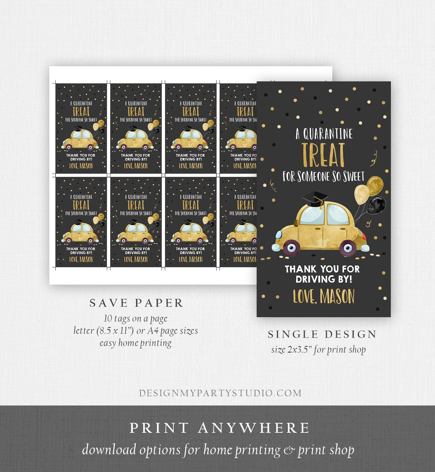 Editable Drive By Favor Tag Drive Through Graduation Parade Thank You Gift Tags Quarantine Gold Car High School Grad Graduate Corjl 0337