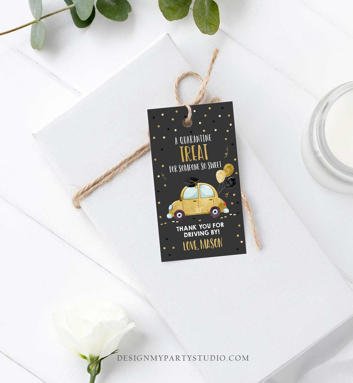 Editable Drive By Favor Tag Drive Through Graduation Parade Thank You Gift Tags Quarantine Gold Car High School Grad Graduate Corjl 0337