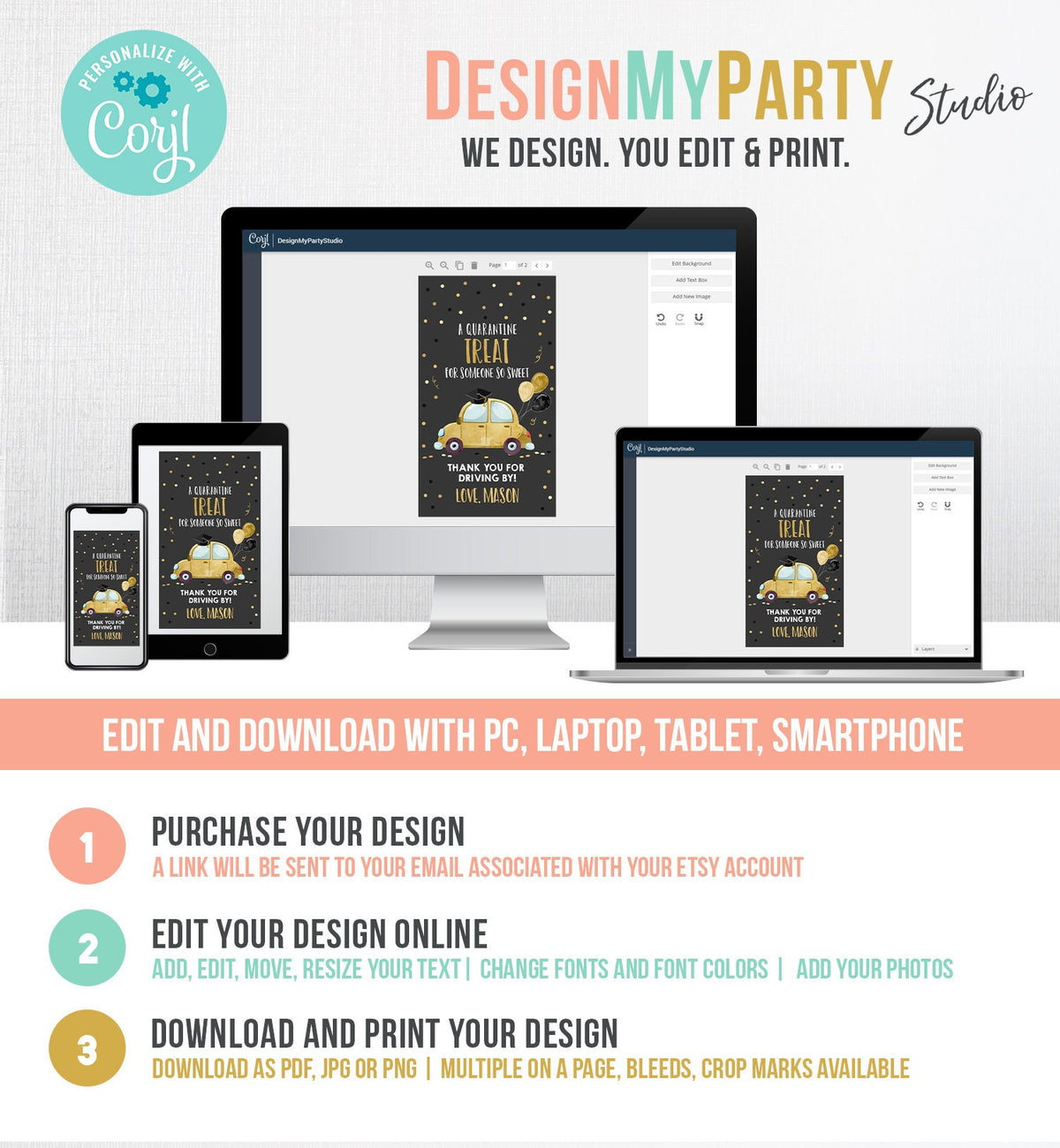 Editable Drive By Favor Tag Drive Through Graduation Parade Thank You Gift Tags Quarantine Gold Car High School Grad Graduate Corjl 0337