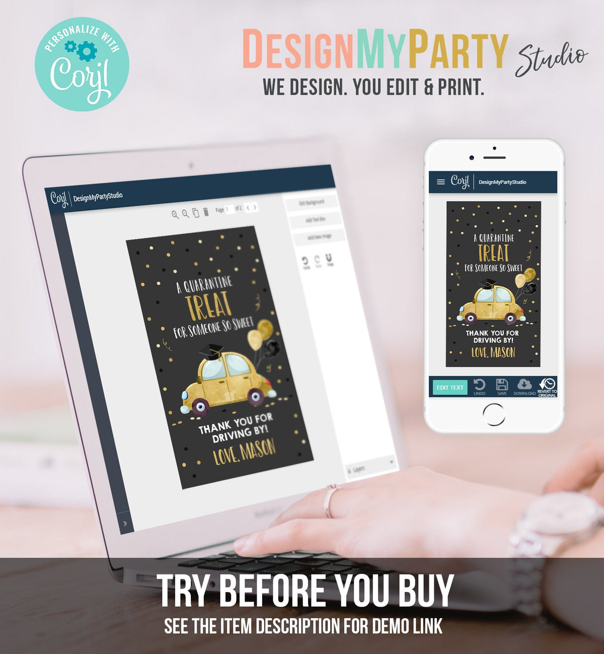 Editable Drive By Favor Tag Drive Through Graduation Parade Thank You Gift Tags Quarantine Gold Car High School Grad Graduate Corjl 0337