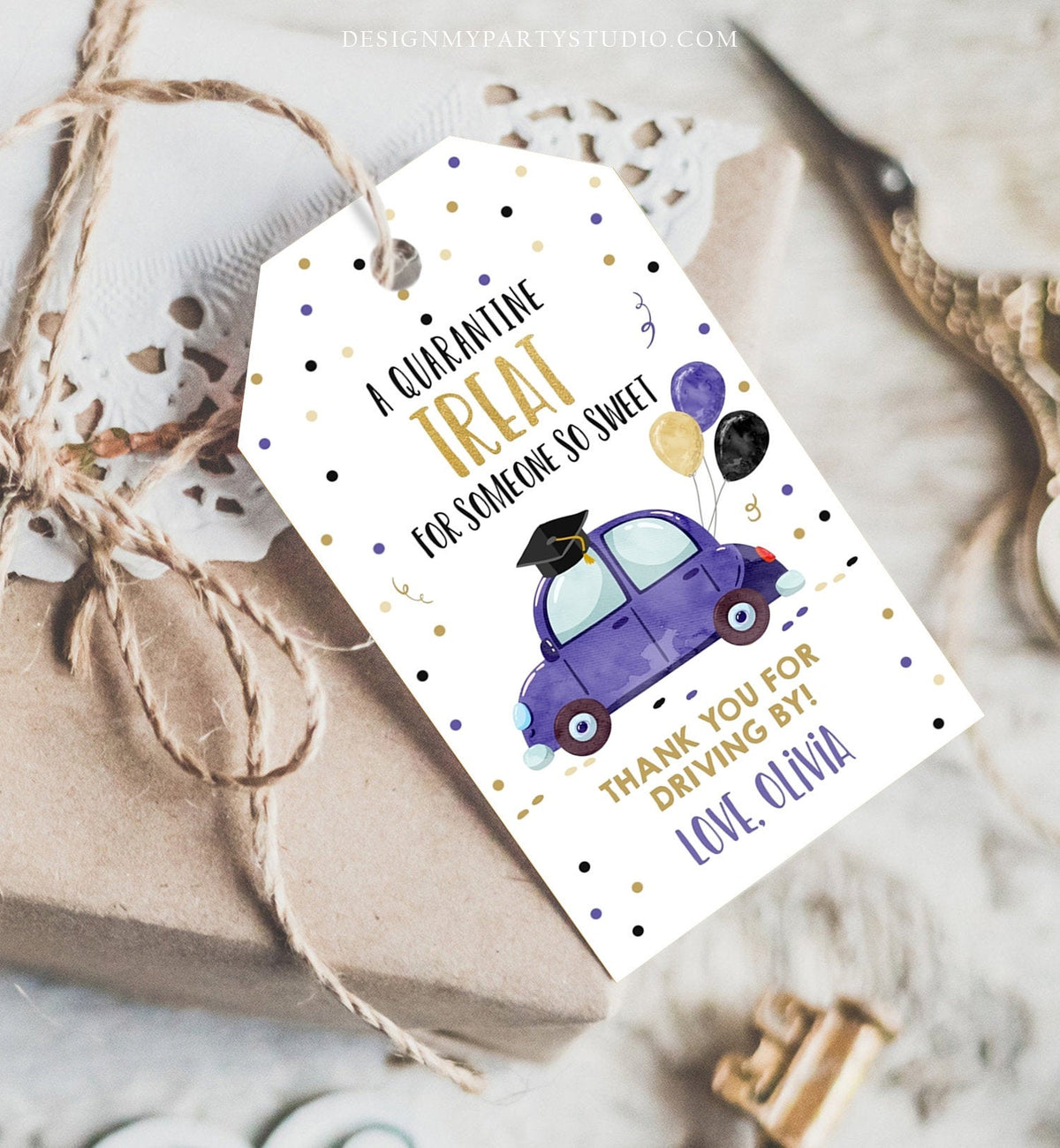 Editable Drive By Favor Tag Drive Through Graduation Parade Thank You Gift Tags Quarantine Navy Blue Purple Car School Graduate Corjl 0337