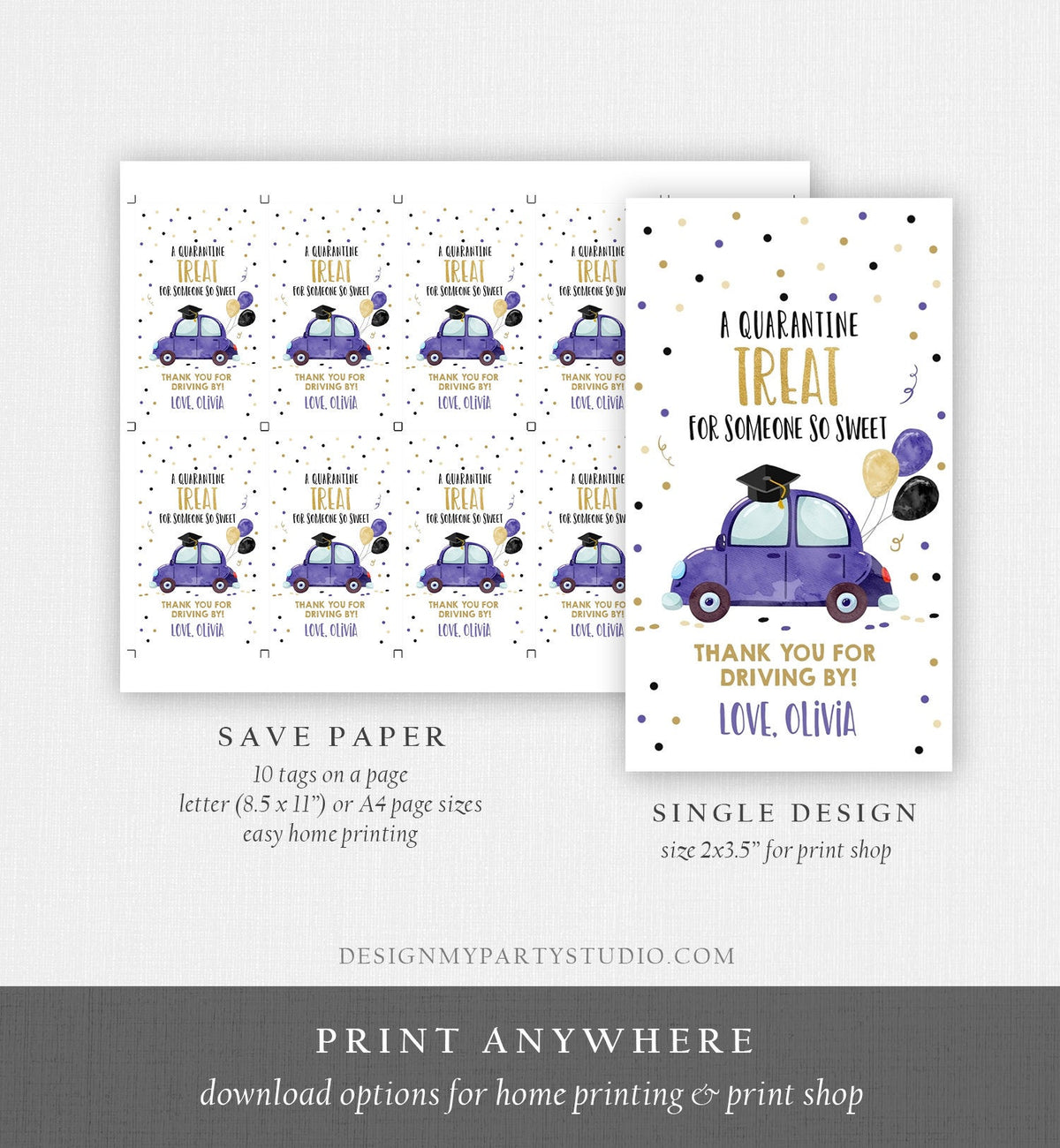 Editable Drive By Favor Tag Drive Through Graduation Parade Thank You Gift Tags Quarantine Navy Blue Purple Car School Graduate Corjl 0337