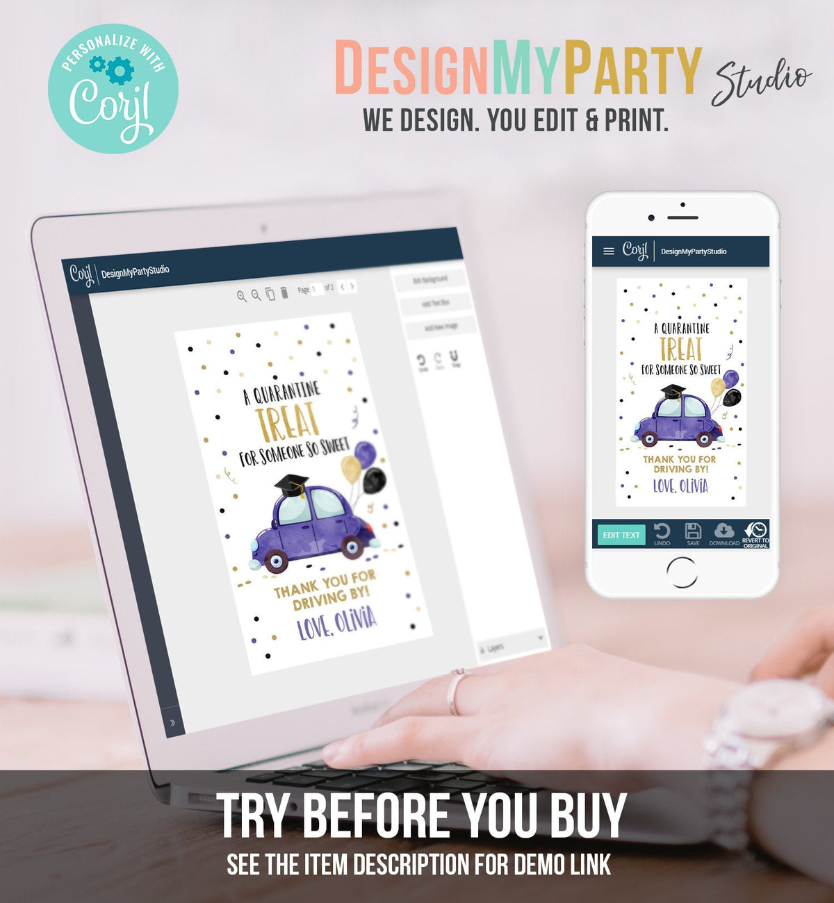 Editable Drive By Favor Tag Drive Through Graduation Parade Thank You Gift Tags Quarantine Navy Blue Purple Car School Graduate Corjl 0337