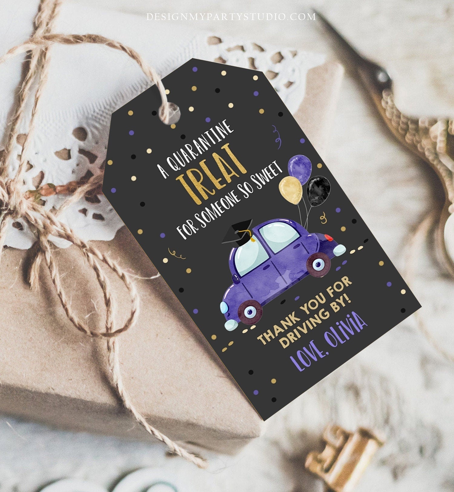 Editable Drive By Favor Tag Drive Through Graduation Parade Thank You Gift Tags Quarantine Navy Blue Purple Car School Graduate Corjl 0337