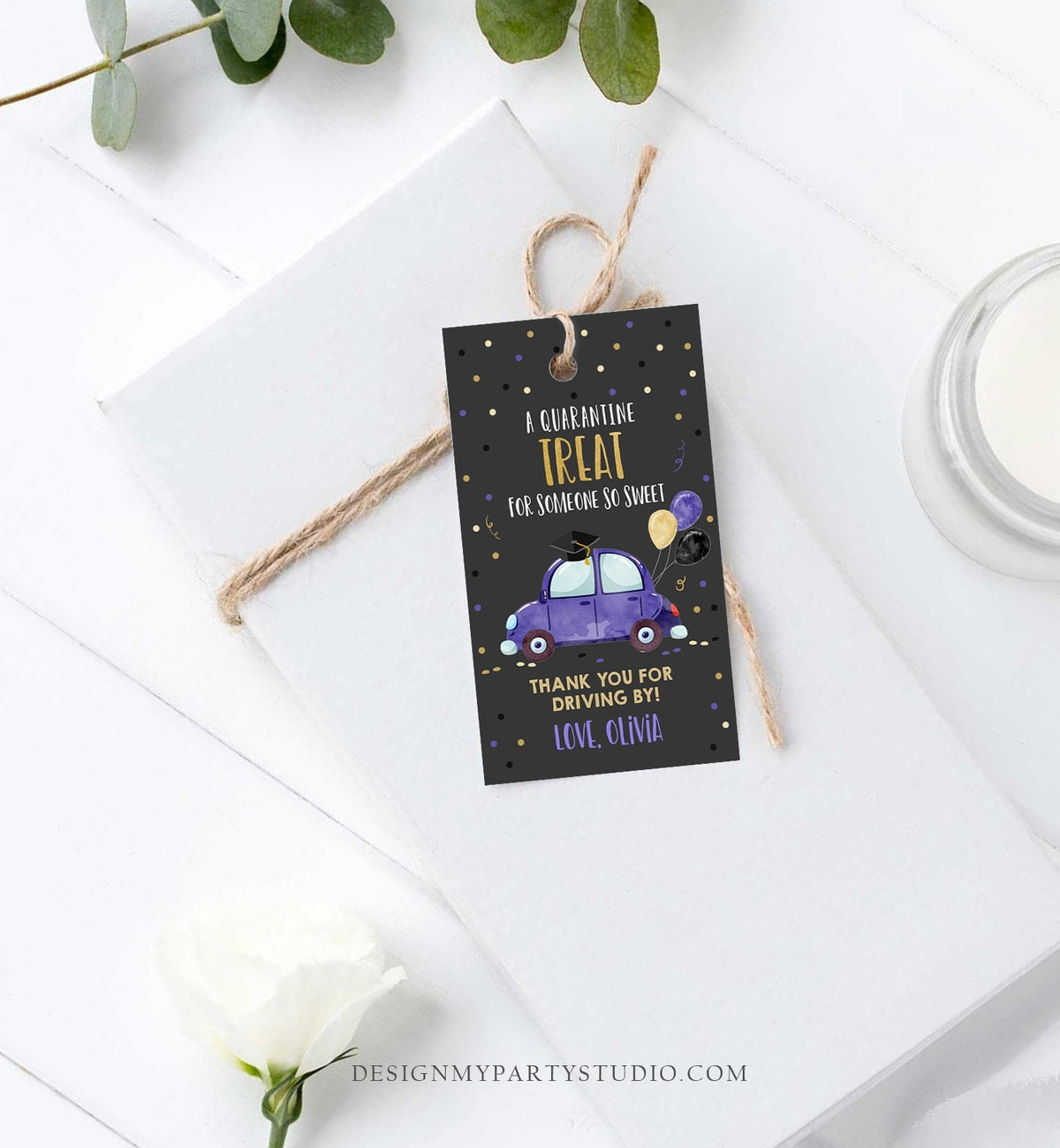 Editable Drive By Favor Tag Drive Through Graduation Parade Thank You Gift Tags Quarantine Navy Blue Purple Car School Graduate Corjl 0337