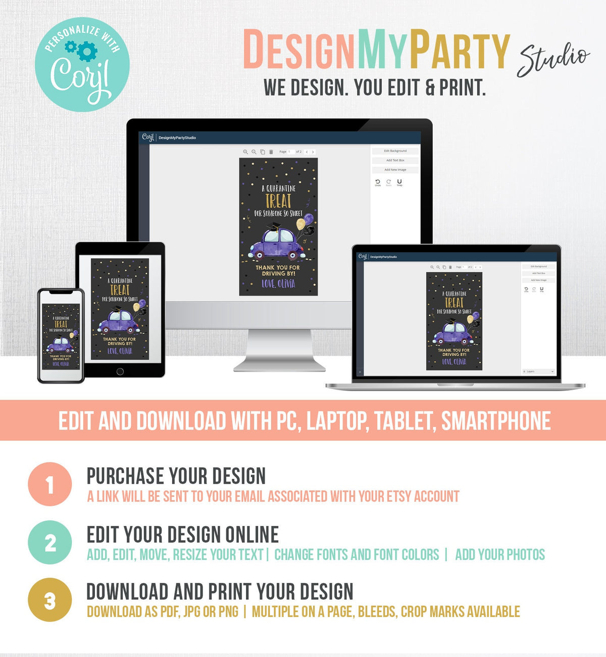 Editable Drive By Favor Tag Drive Through Graduation Parade Thank You Gift Tags Quarantine Navy Blue Purple Car School Graduate Corjl 0337