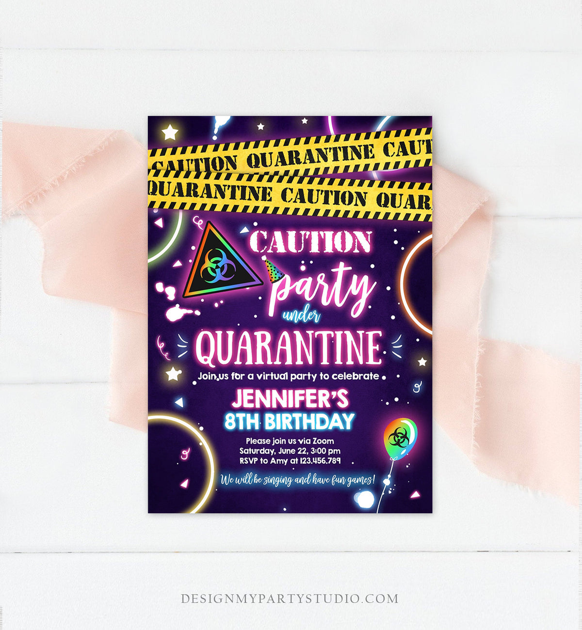 Editable Quarantine Birthday Invitation Virtual Party Quarantine Party Zoom Girl Pink No One Invited Hangout Corjl Template Printable 0334