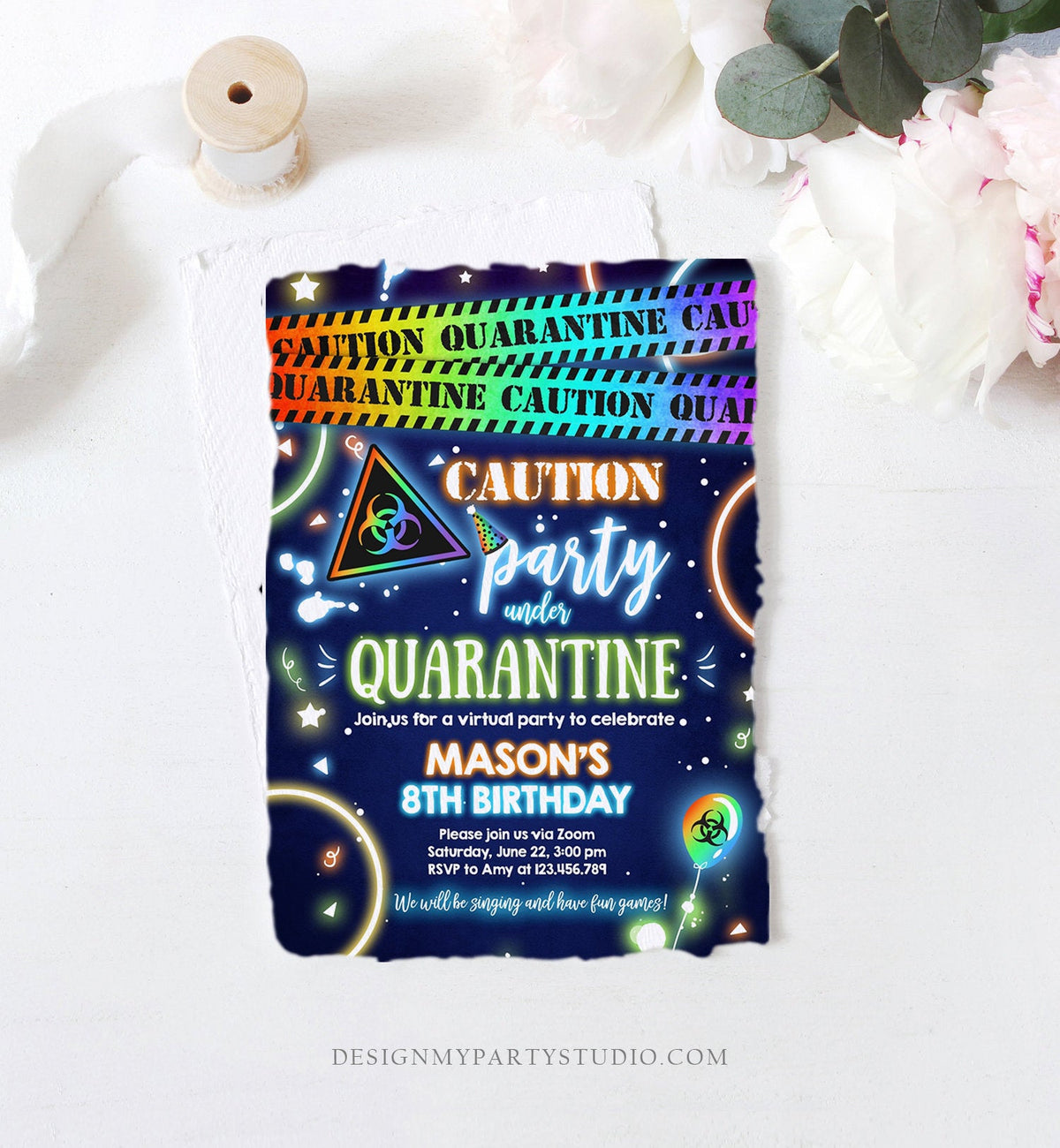 Editable Quarantine Birthday Invitation Virtual Party Quarantine Party Zoom Blue Boy No One Invited Hangout Corjl Template Printable 0334