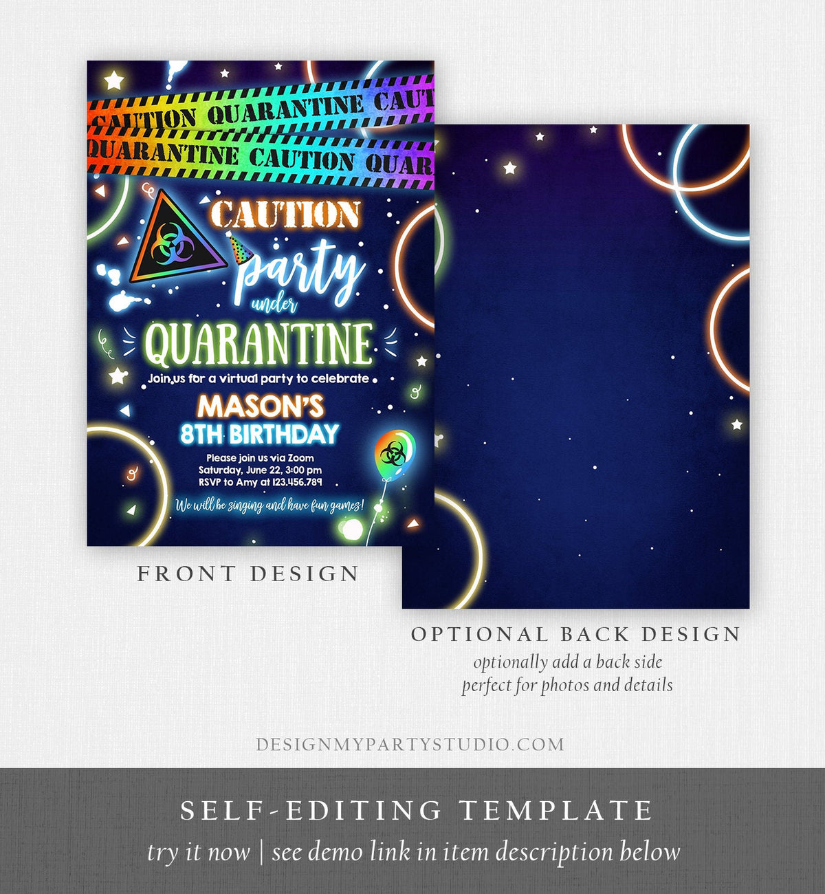 Editable Quarantine Birthday Invitation Virtual Party Quarantine Party Zoom Blue Boy No One Invited Hangout Corjl Template Printable 0334
