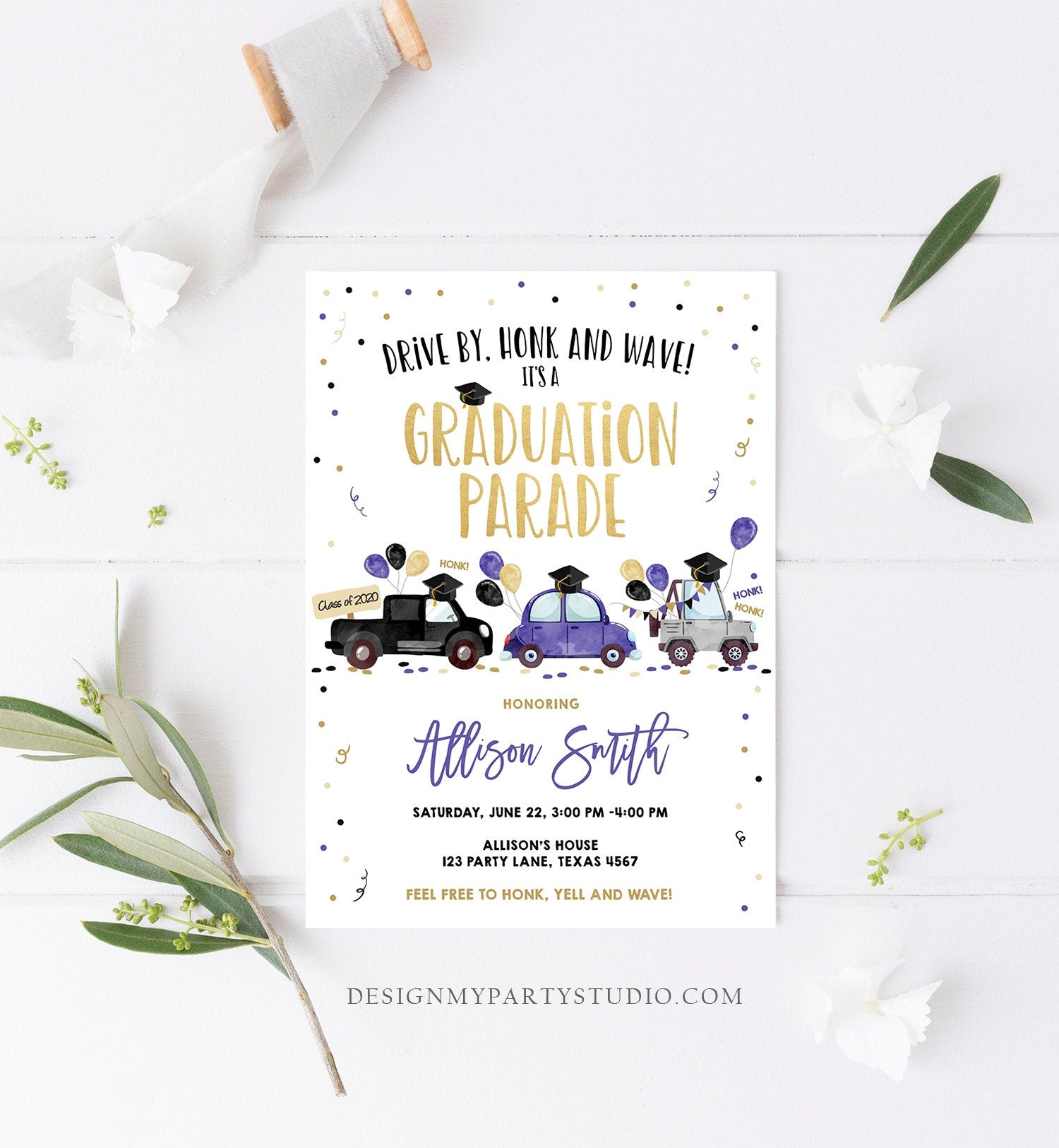 Editable Drive By Graduation Parade Invitation Virtual Party Blue Girl Graduate High School Grad Class 2021 Quarantine Digital Corjl 0337