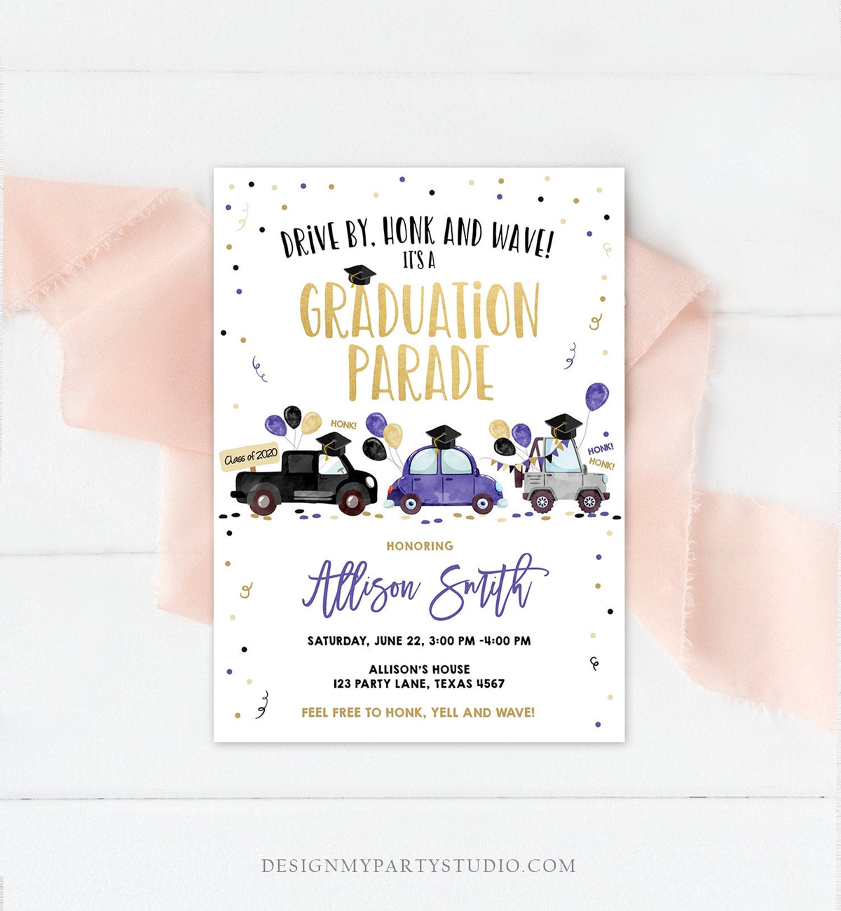 Editable Drive By Graduation Parade Invitation Virtual Party Blue Girl Graduate High School Grad Class 2021 Quarantine Digital Corjl 0337