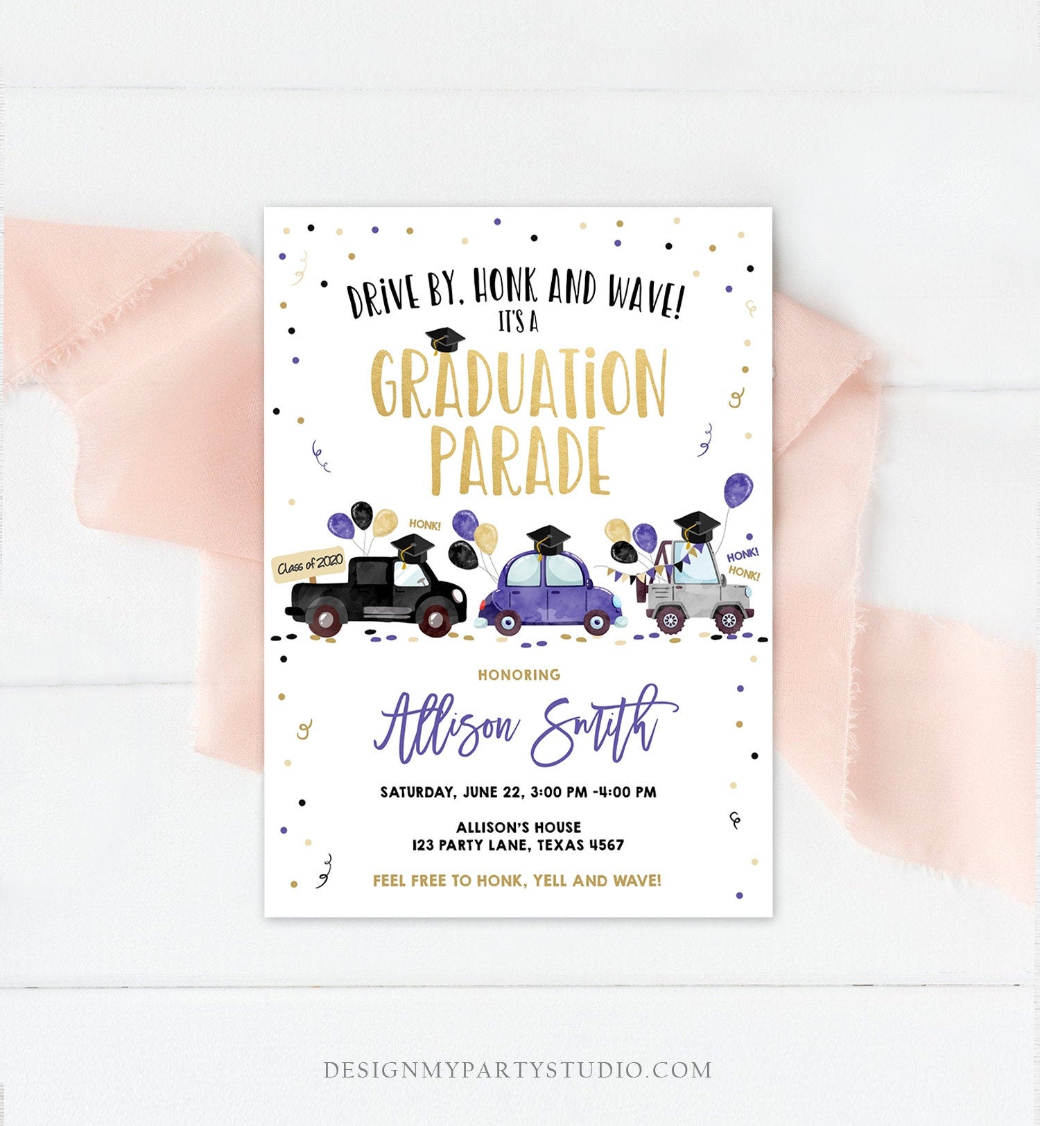 Editable Drive By Graduation Parade Invitation Virtual Party Blue Girl Graduate High School Grad Class 2021 Quarantine Digital Corjl 0337