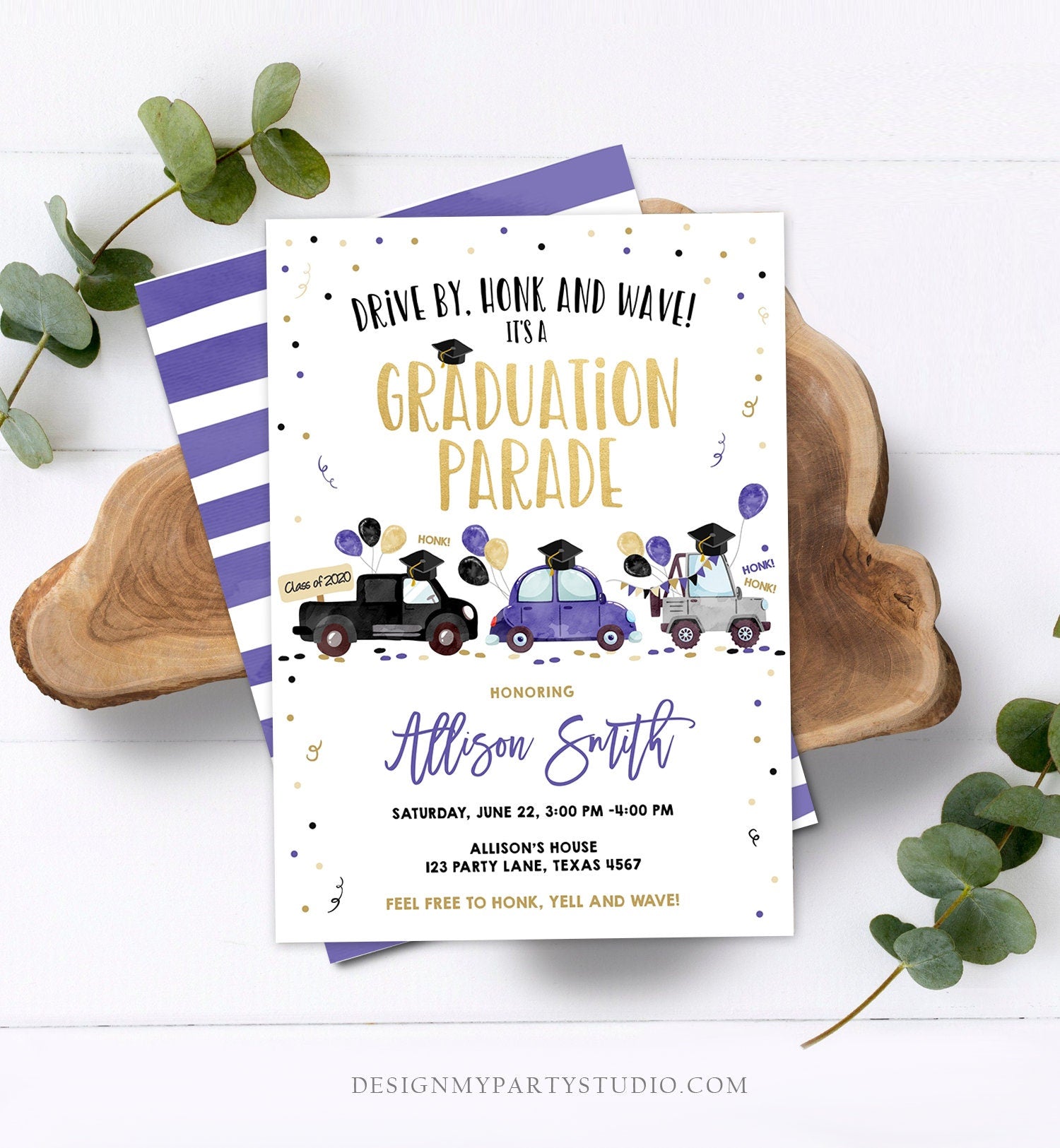 Editable Drive By Graduation Parade Invitation Virtual Party Blue Girl Graduate High School Grad Class 2021 Quarantine Digital Corjl 0337