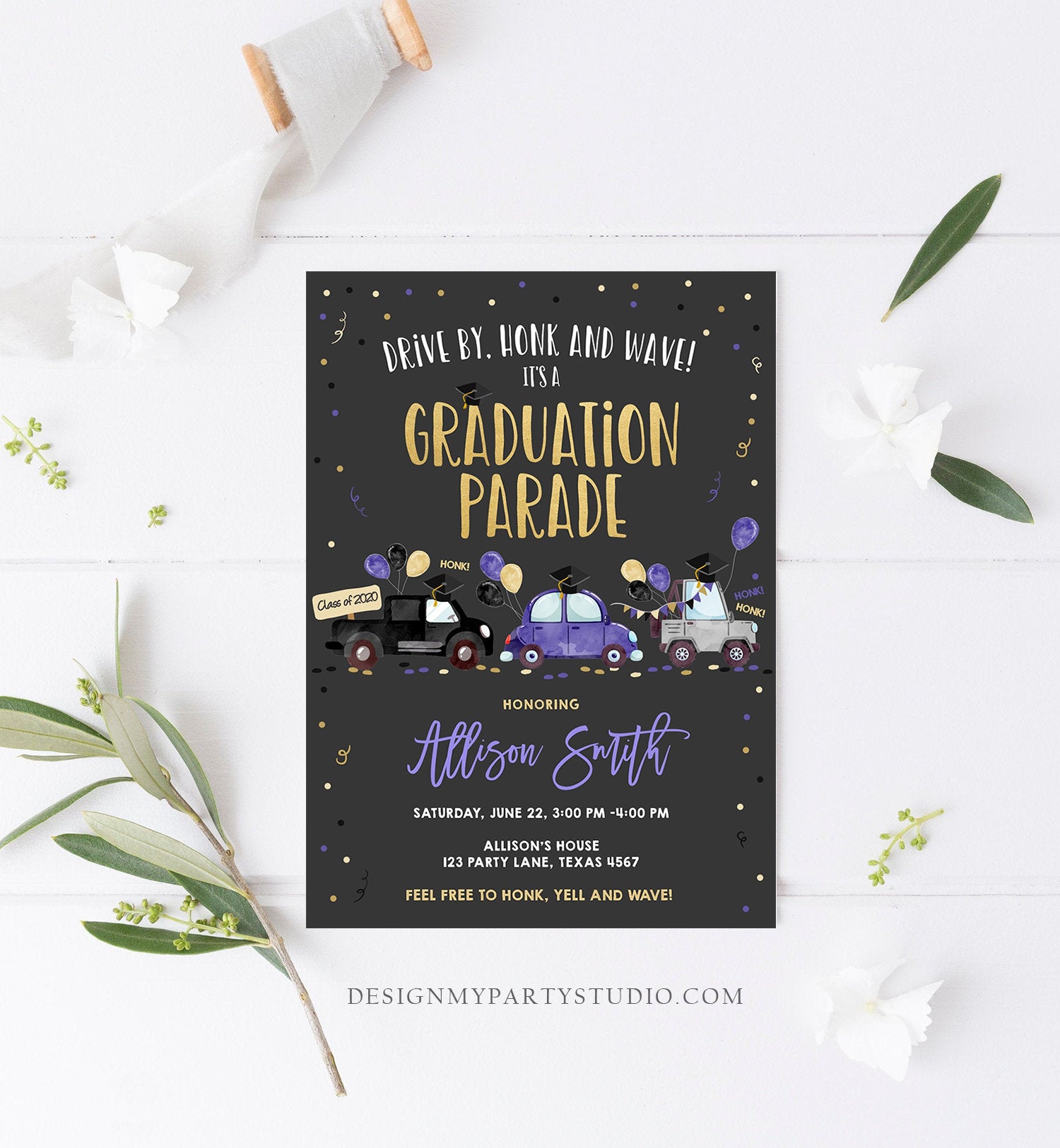 Editable Drive By Graduation Parade Invitation Virtual Party Blue Girl Graduate High School Grad Class 2020 Quarantine Digital Corjl 0337