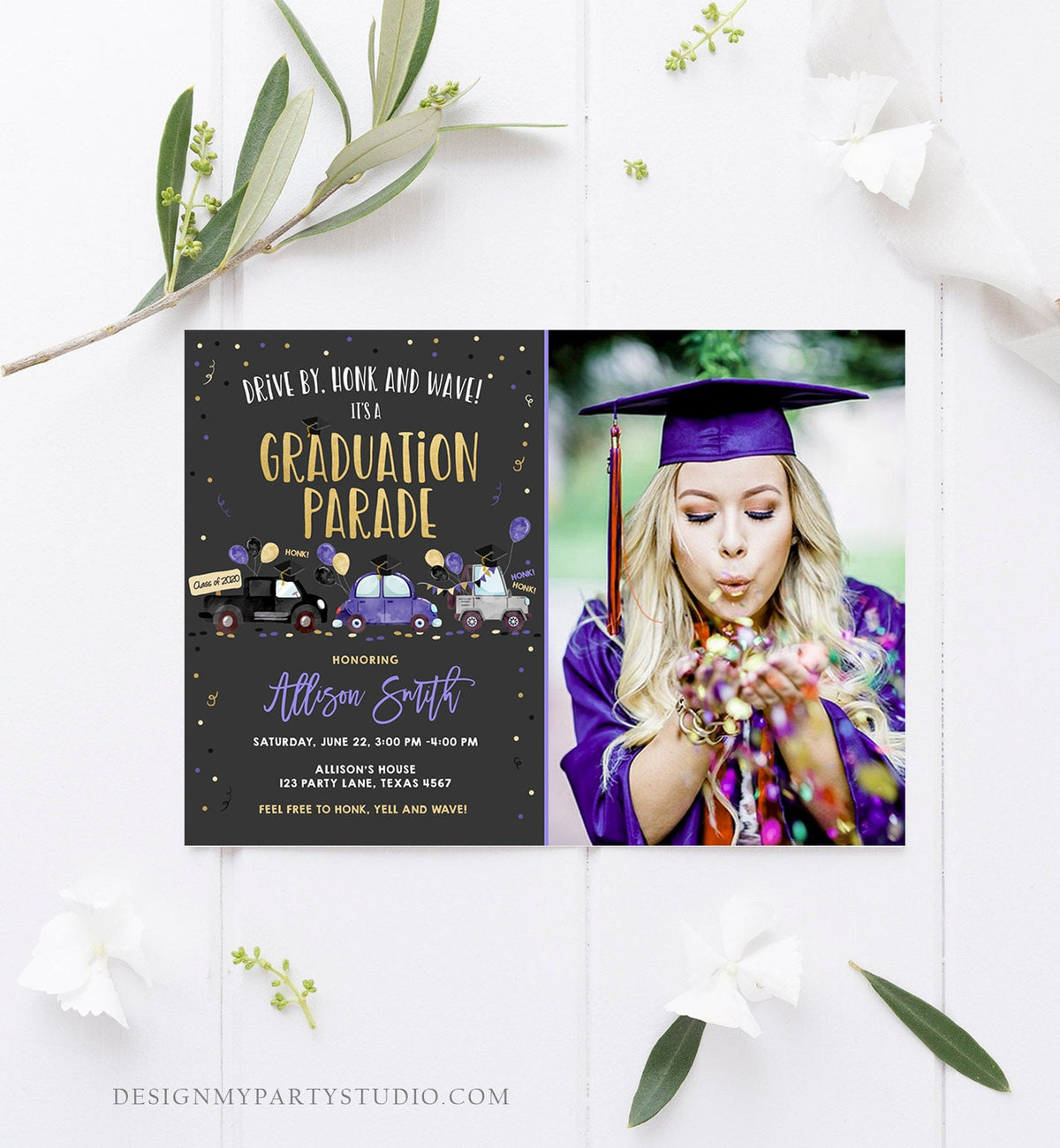 Editable Drive By Graduation Parade Invitation Virtual Party Blue Girl Graduate High School Grad Class 2021 Quarantine Digital Corjl 0337