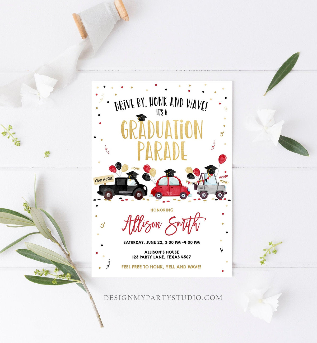 Editable Drive By Graduation Parade Invitation Virtual Party Red Girl Graduate High School Grad Class 2021 Quarantine Digital Corjl 0337