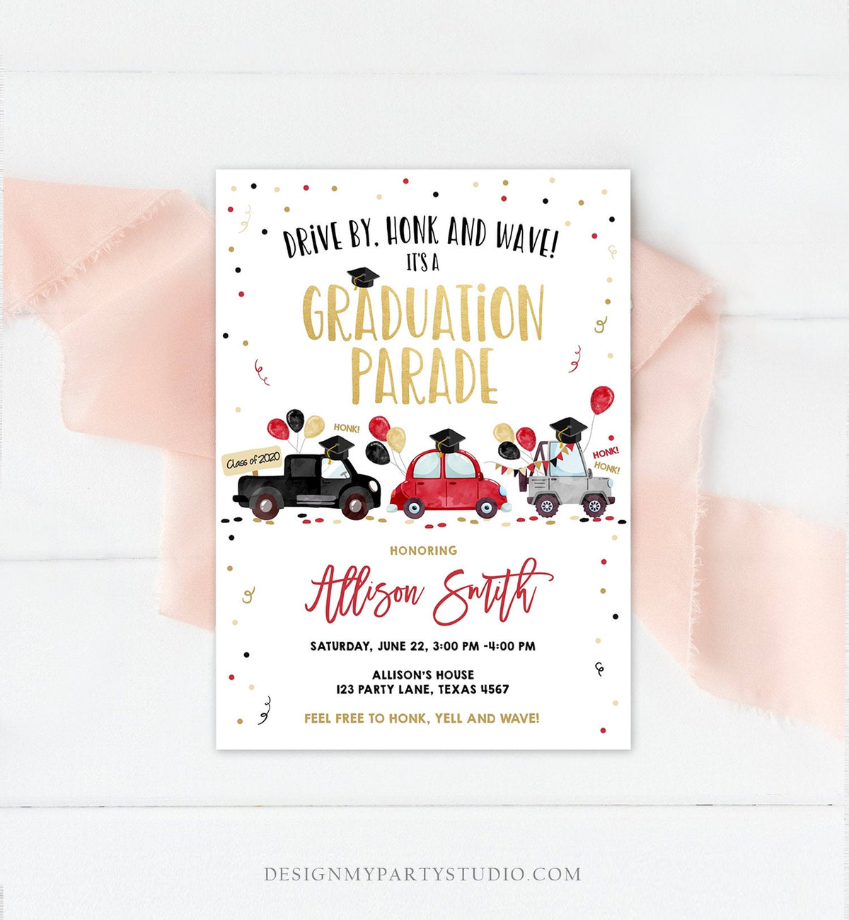 Editable Drive By Graduation Parade Invitation Virtual Party Red Girl Graduate High School Grad Class 2021 Quarantine Digital Corjl 0337