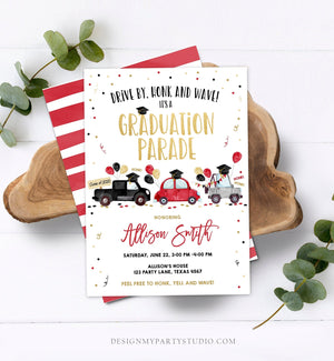 Editable Drive By Graduation Parade Invitation Virtual Party Red Girl Graduate High School Grad Class 2021 Quarantine Digital Corjl 0337