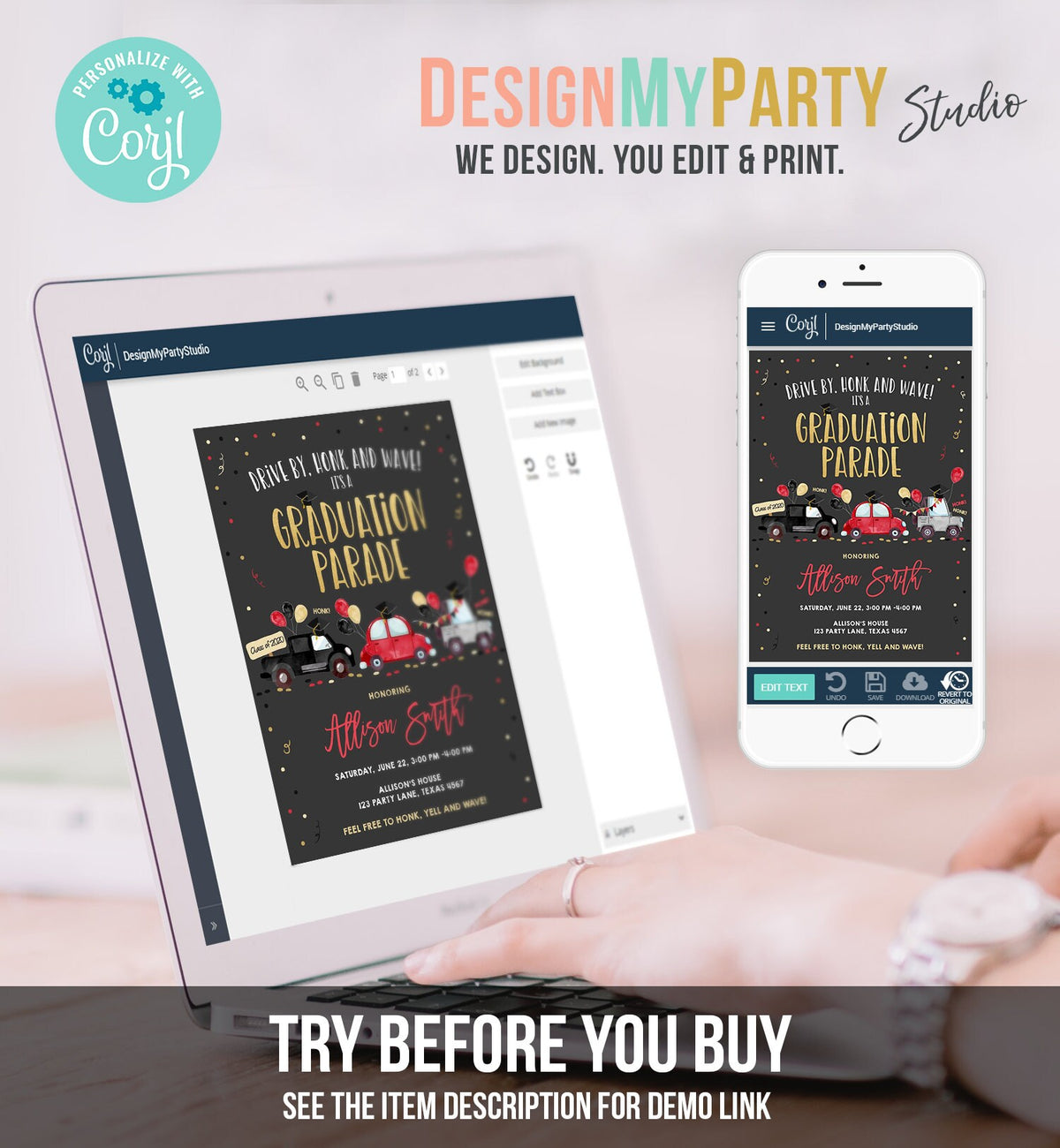 Editable Drive By Graduation Parade Invitation Virtual Party Red Girl Graduate High School Grad Class 2021 Quarantine Digital Corjl 0337