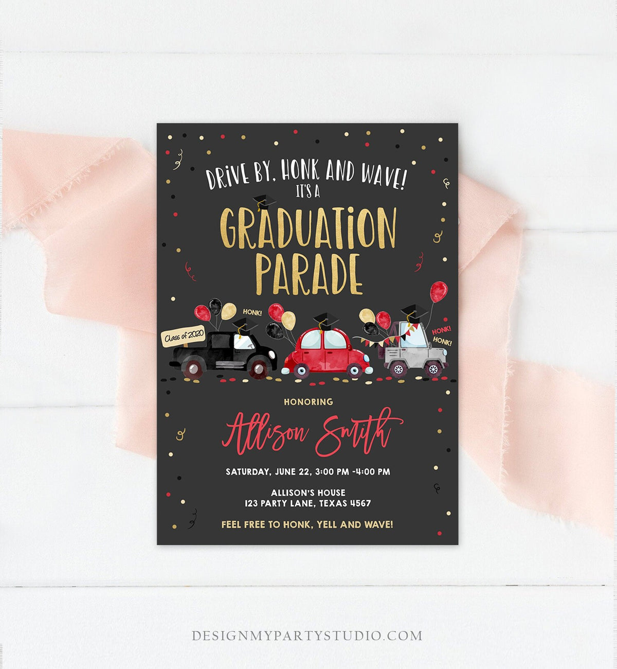 Editable Drive By Graduation Parade Invitation Virtual Party Red Girl Graduate High School Grad Class 2021 Quarantine Digital Corjl 0337