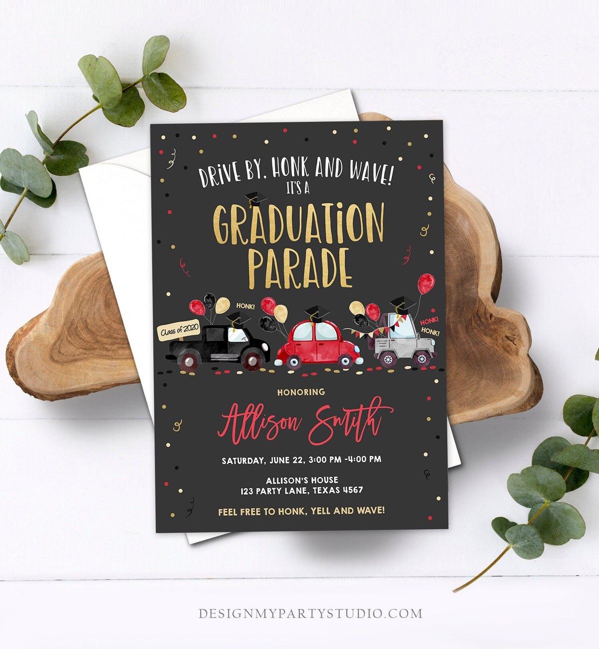 Editable Drive By Graduation Parade Invitation Virtual Party Red Girl Graduate High School Grad Class 2021 Quarantine Digital Corjl 0337
