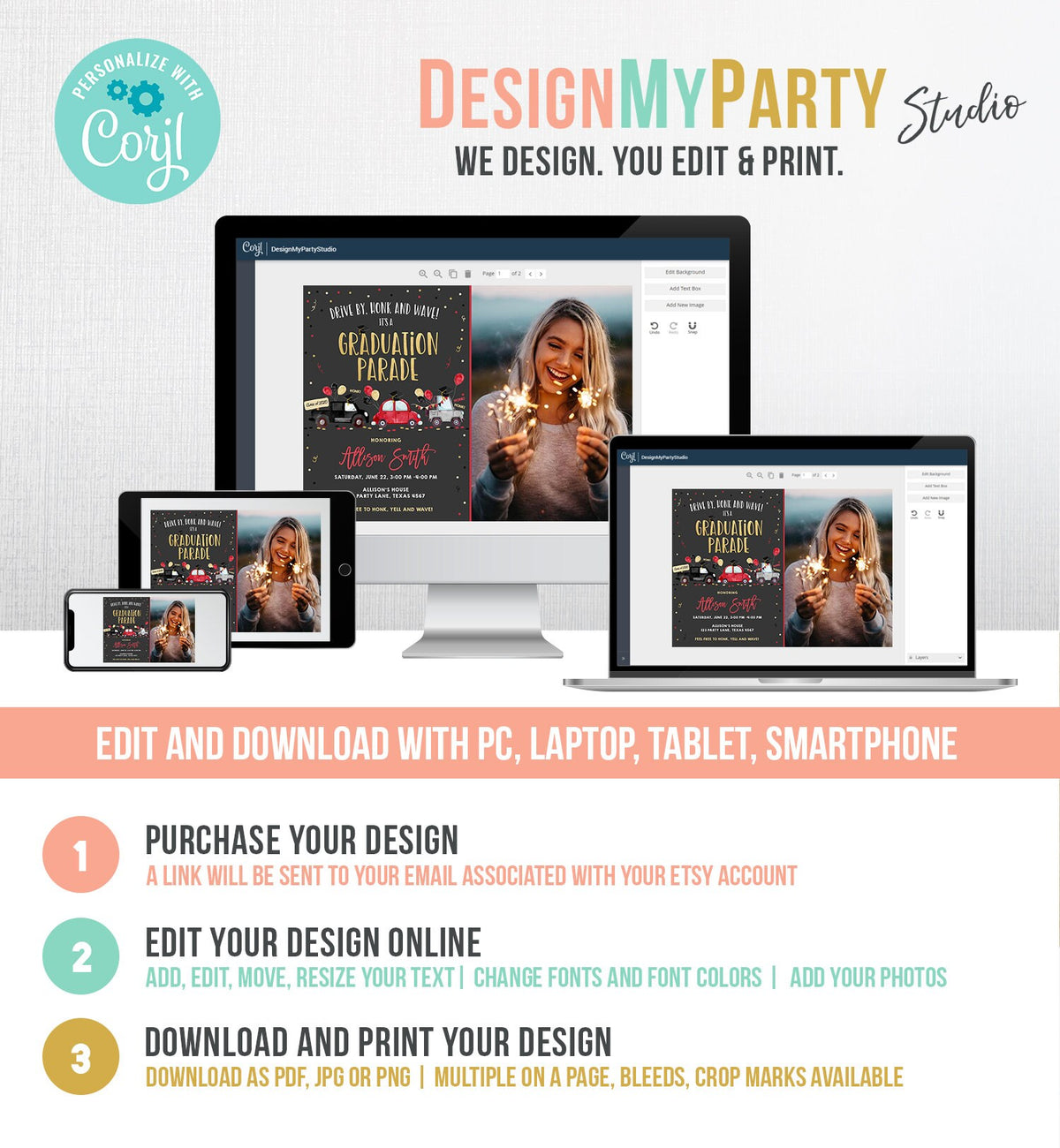 Editable Drive By Graduation Parade Invitation Virtual Party Red Girl Graduate High School Grad Class 2021 Quarantine Digital Corjl 0337